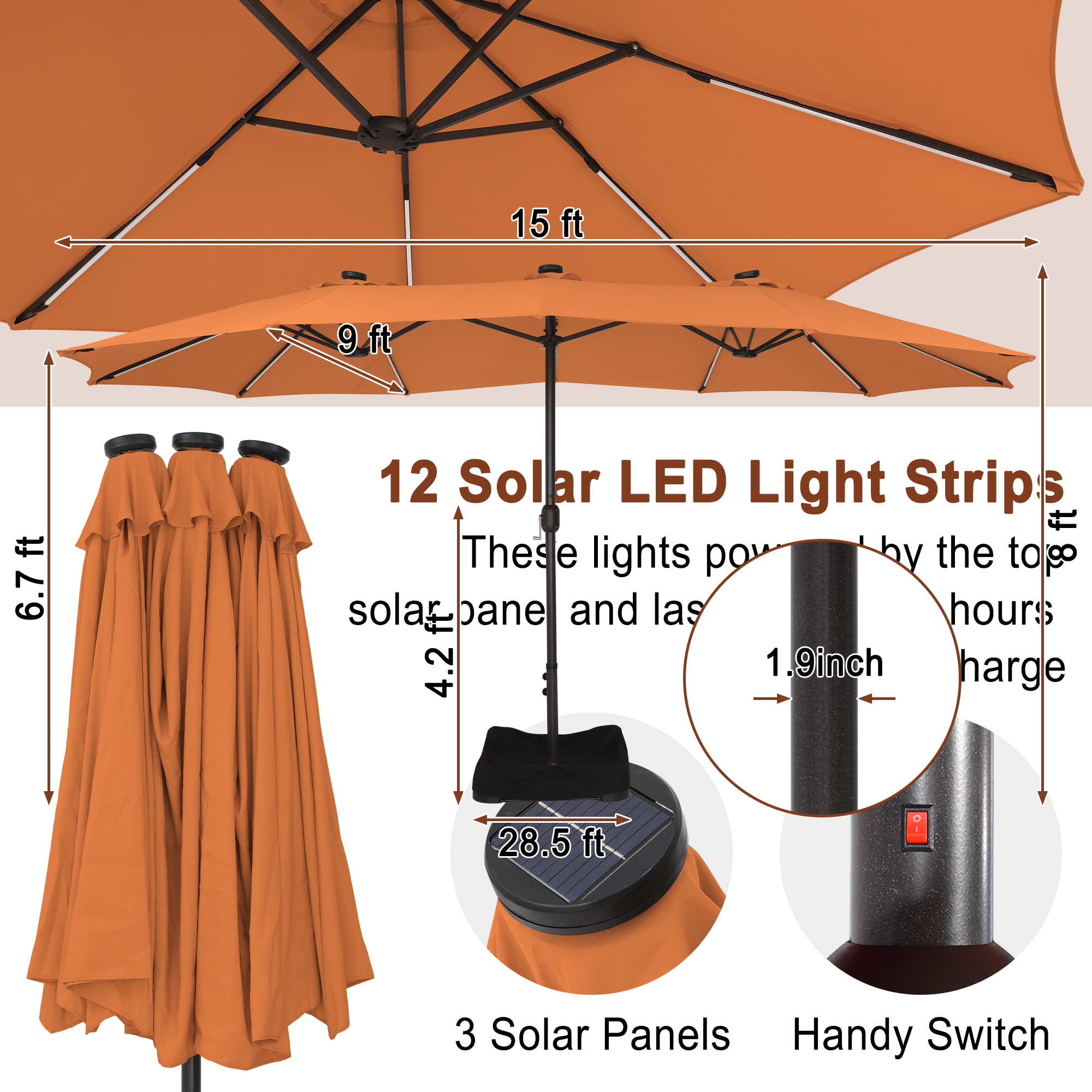15ft Double-Sided Outdoor Umbrella with Solar String Lights & Base