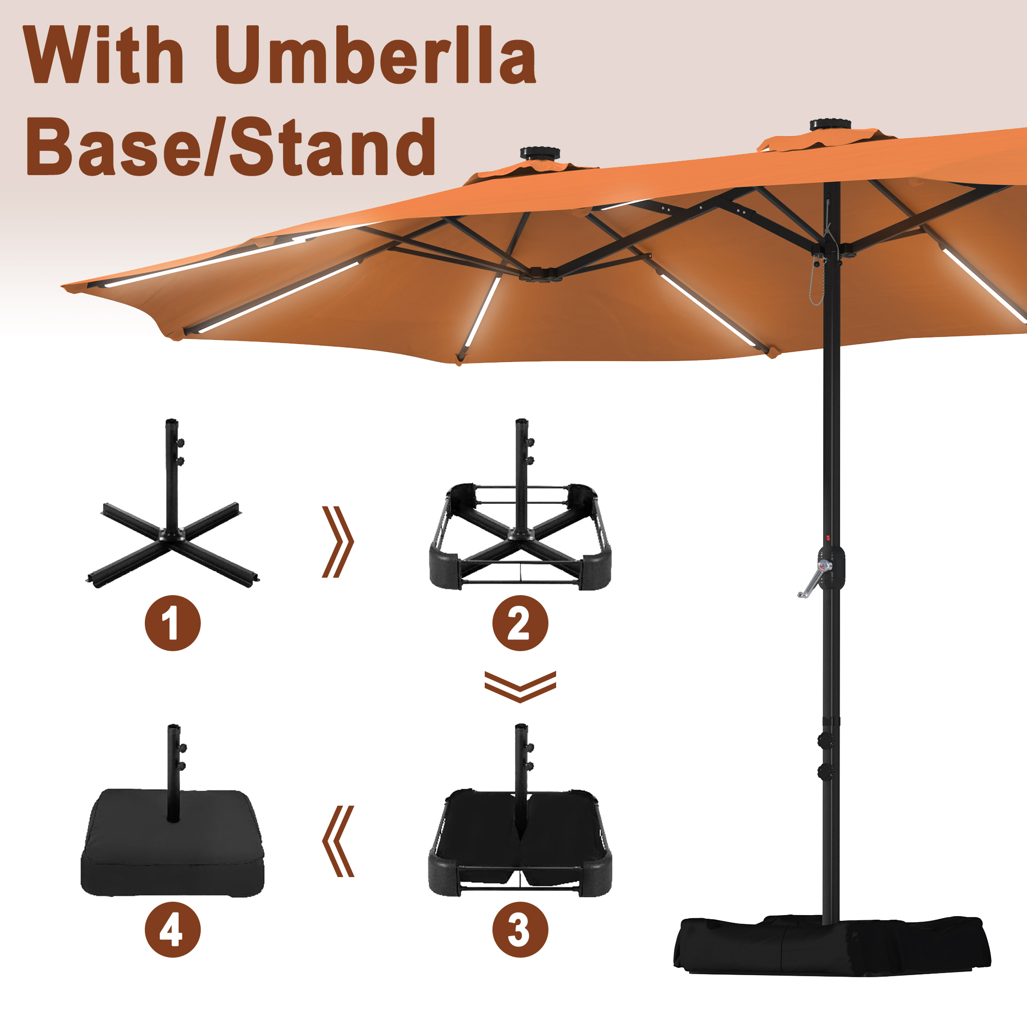 15ft Double-Sided Outdoor Umbrella with Solar String Lights & Base