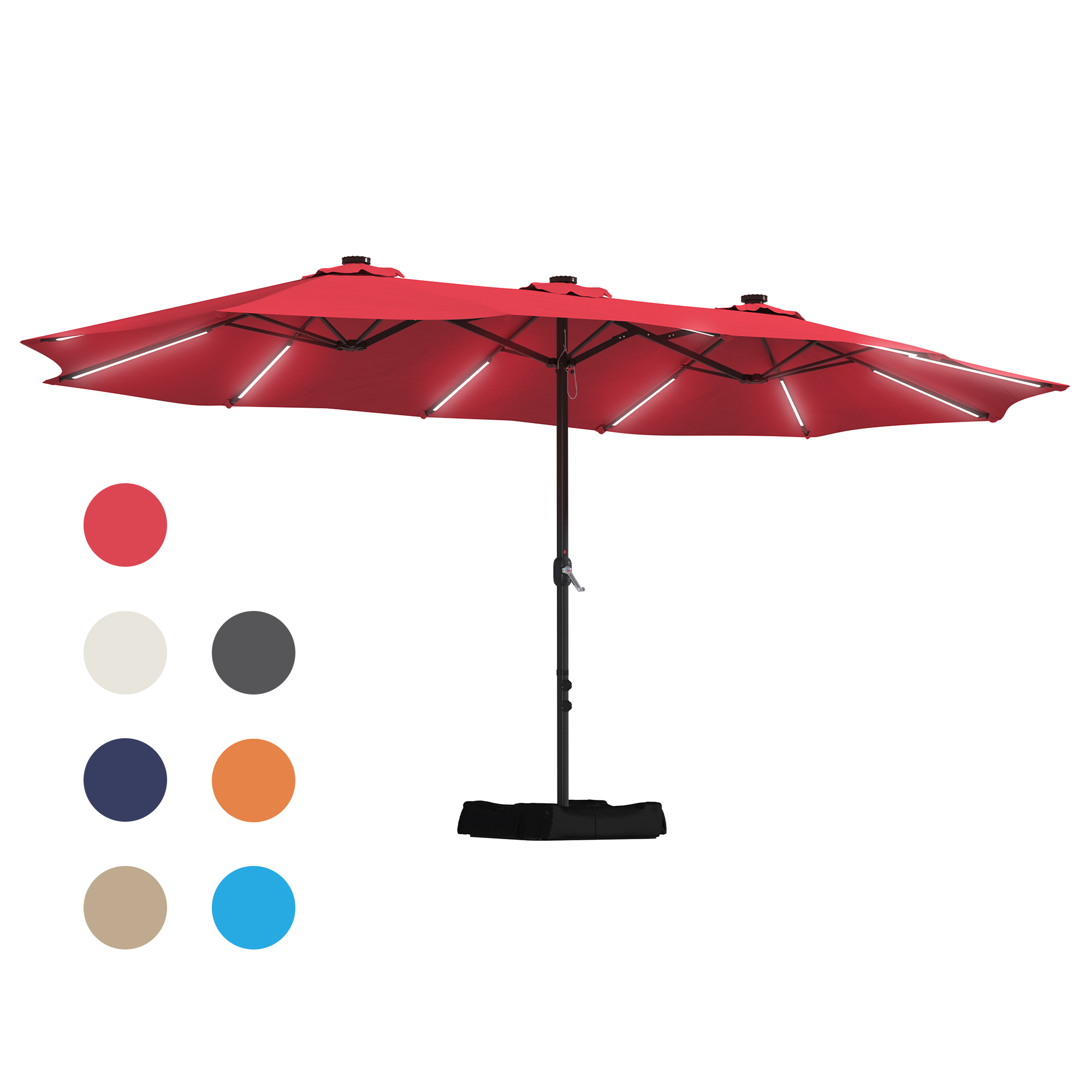 15ft Double-Sided Outdoor Umbrella with Solar String Lights & Base