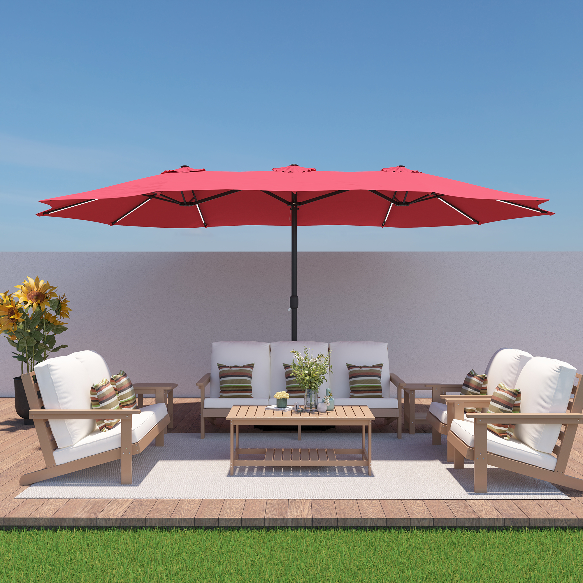 15ft Double-Sided Outdoor Umbrella with Solar String Lights & Base