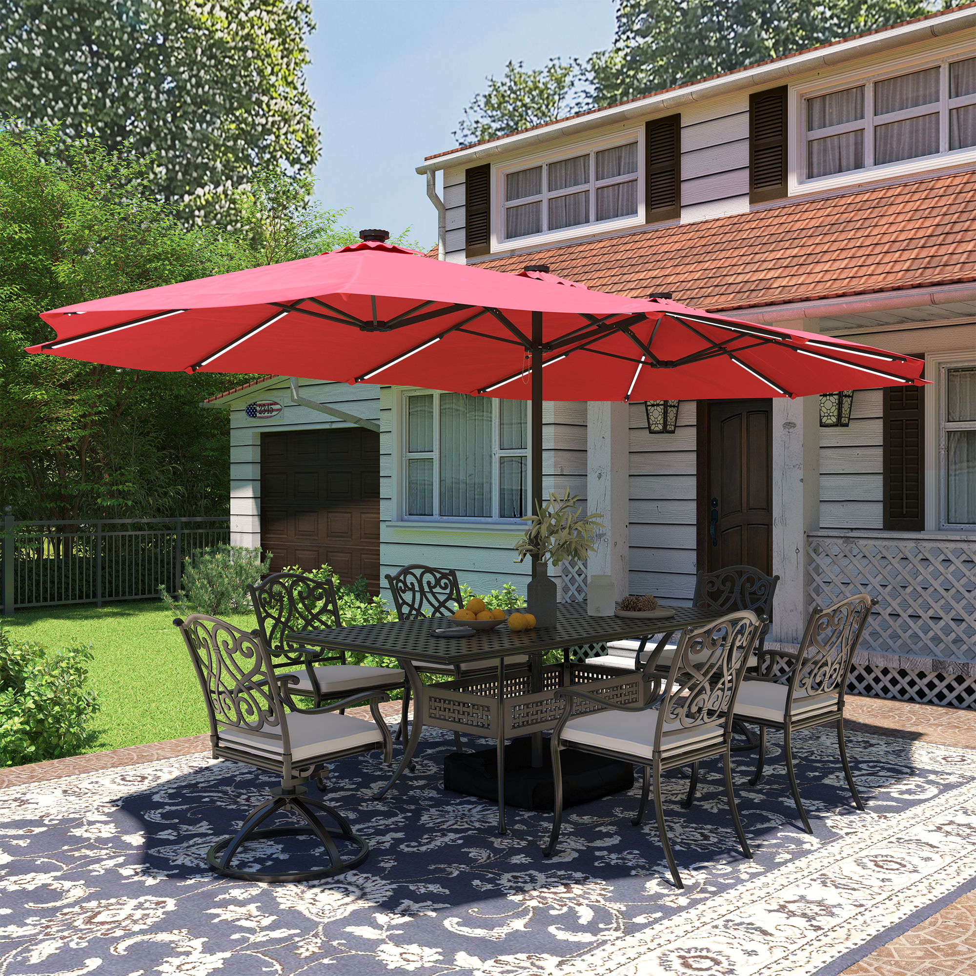 15ft Double-Sided Outdoor Umbrella with Solar String Lights & Base