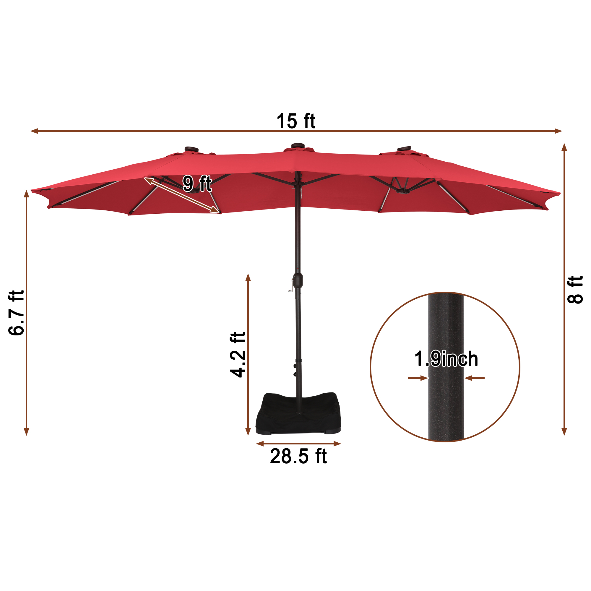 15ft Double-Sided Outdoor Umbrella with Solar String Lights & Base