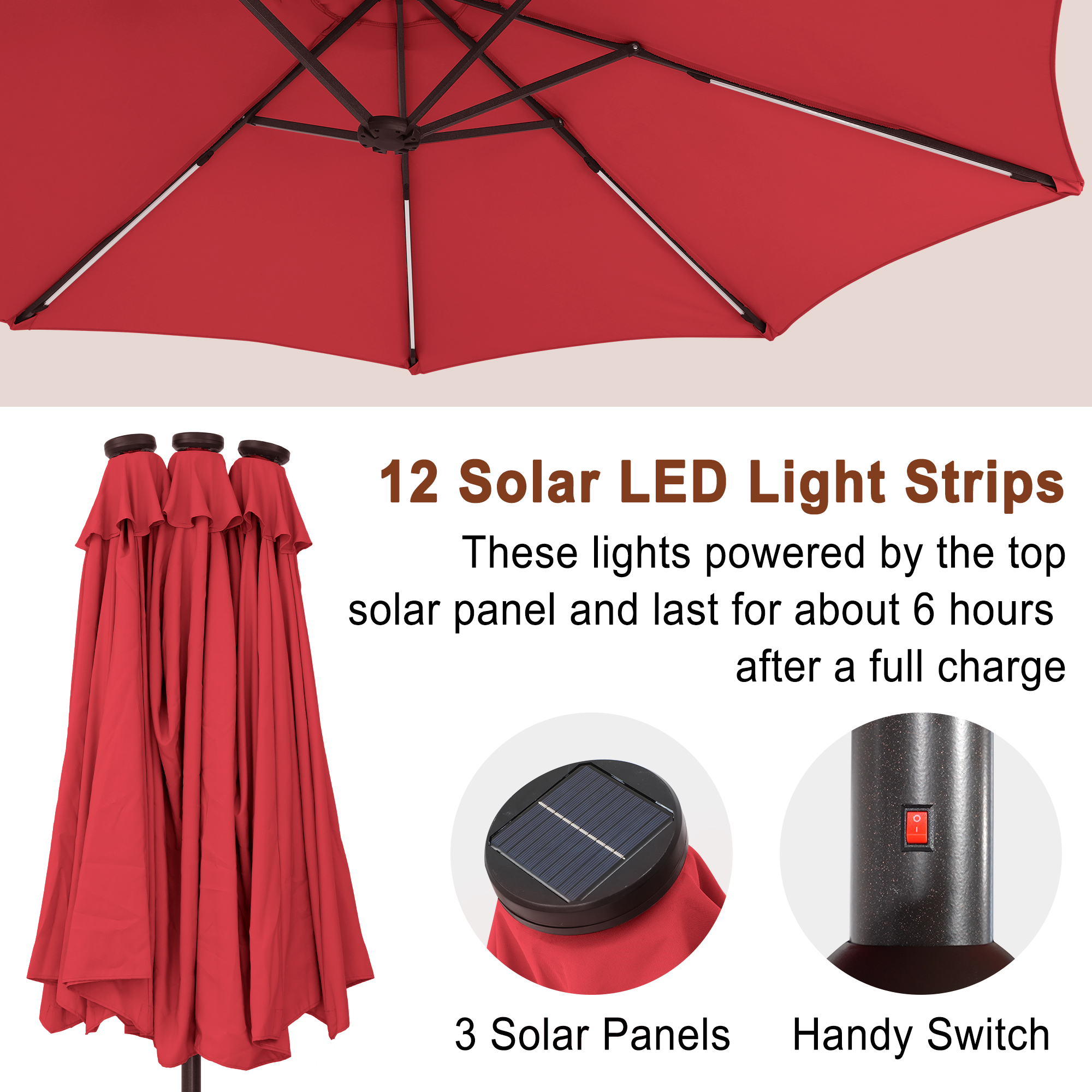 15ft Double-Sided Outdoor Umbrella with Solar String Lights & Base