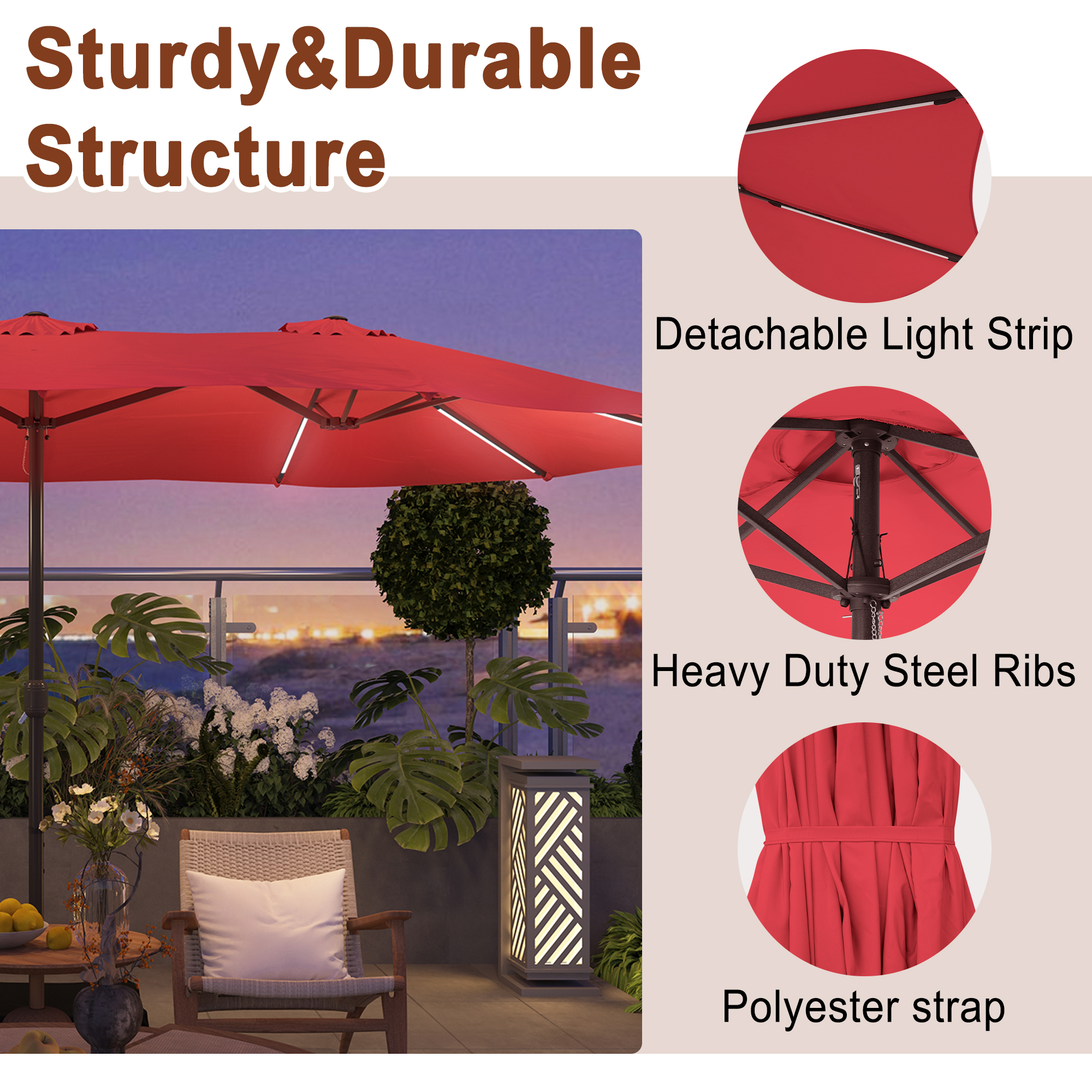 15ft Double-Sided Outdoor Umbrella with Solar String Lights & Base