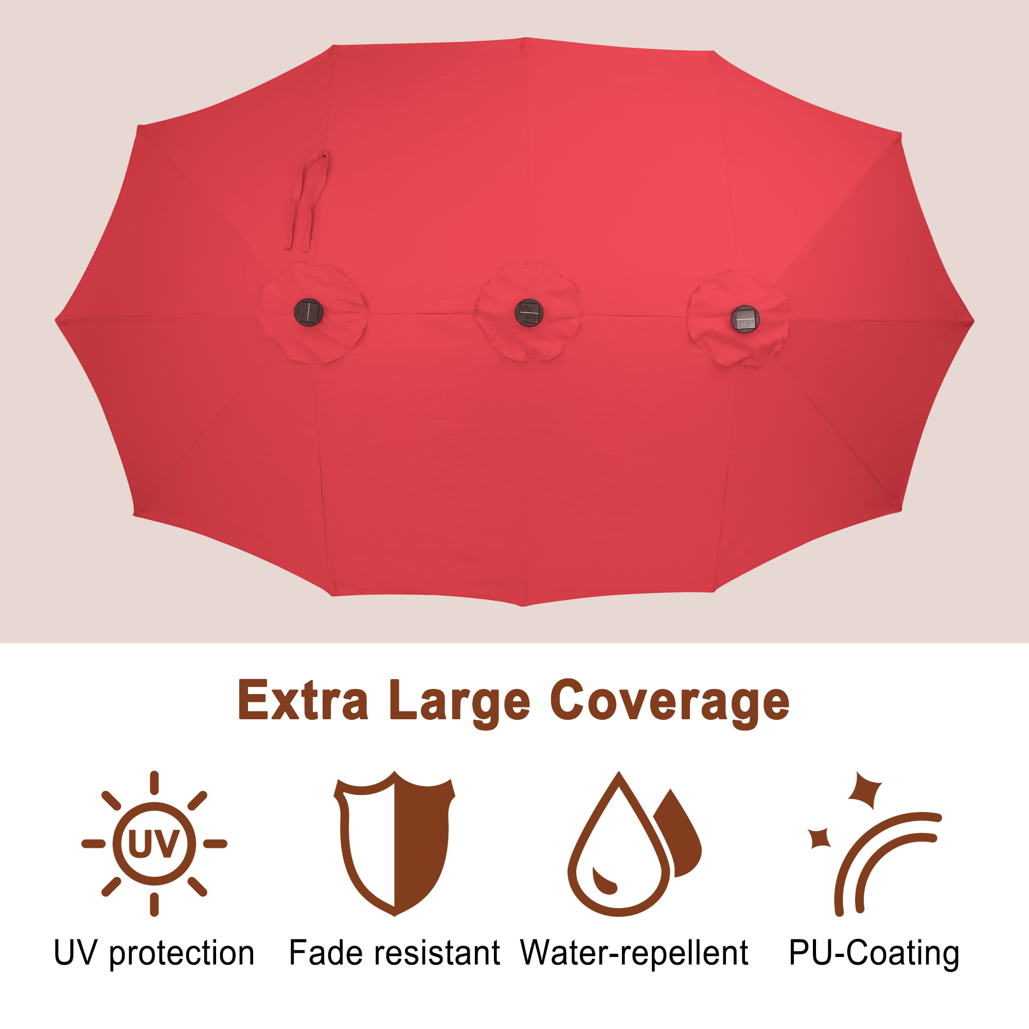 15ft Double-Sided Outdoor Umbrella with Solar String Lights & Base