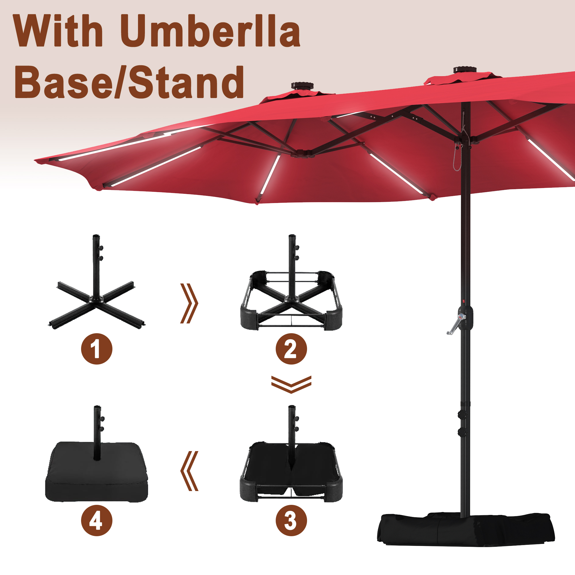 15ft Double-Sided Outdoor Umbrella with Solar String Lights & Base
