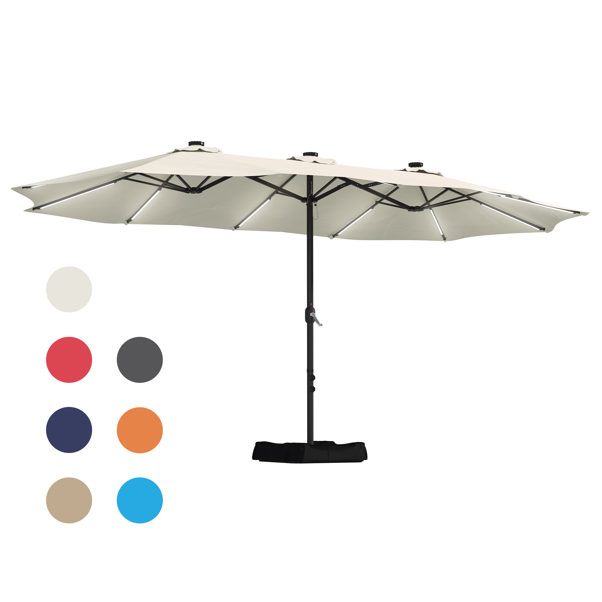 15ft Double-Sided Outdoor Umbrella with Solar String Lights & Base