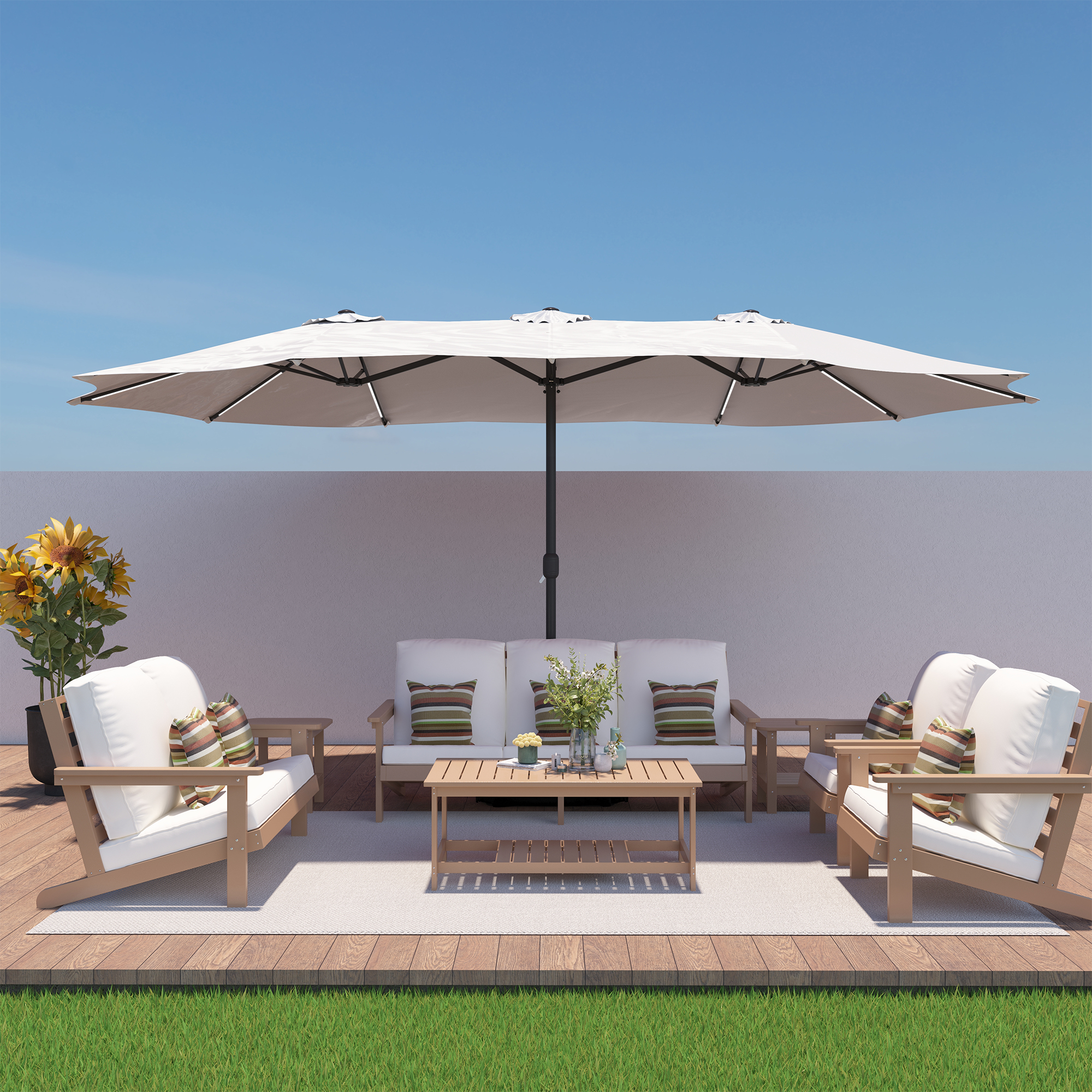 15ft Double-Sided Outdoor Umbrella with Solar String Lights & Base