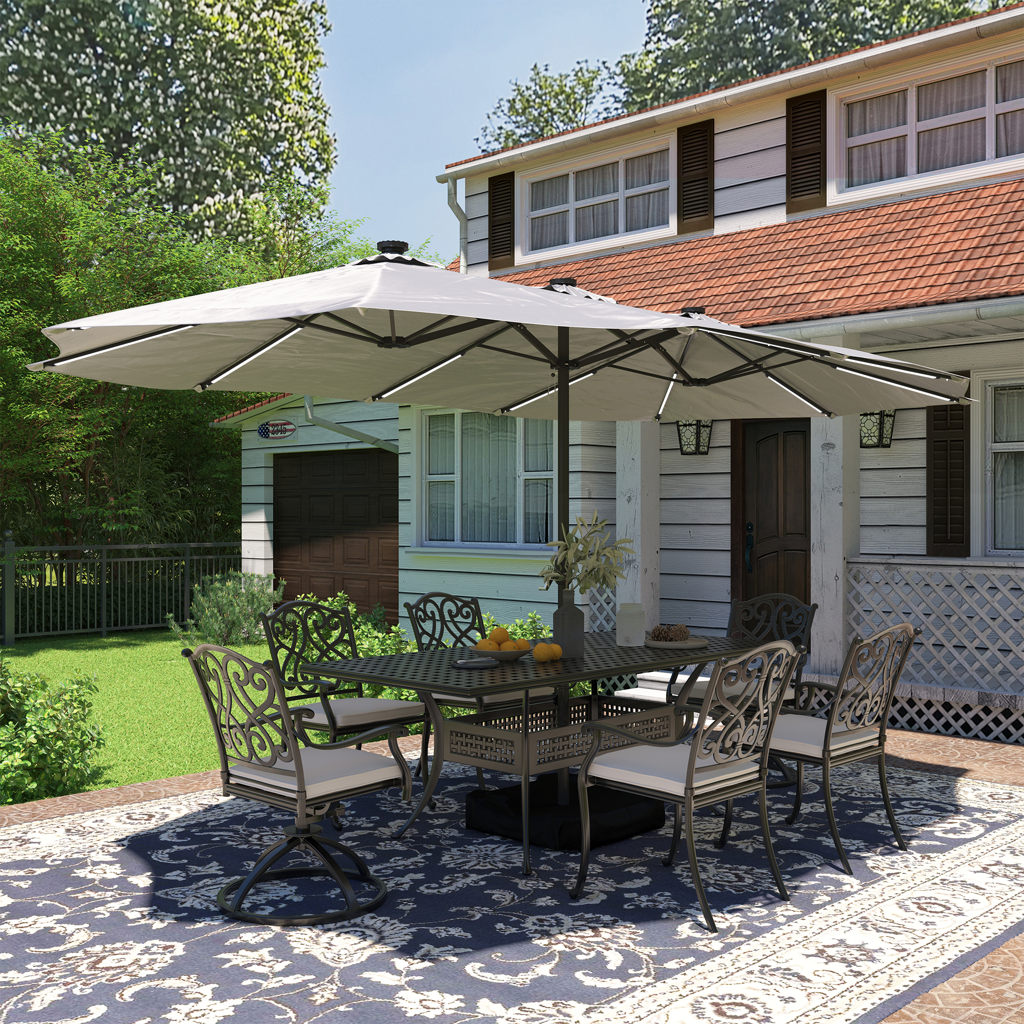 15ft Double-Sided Outdoor Umbrella with Solar String Lights & Base