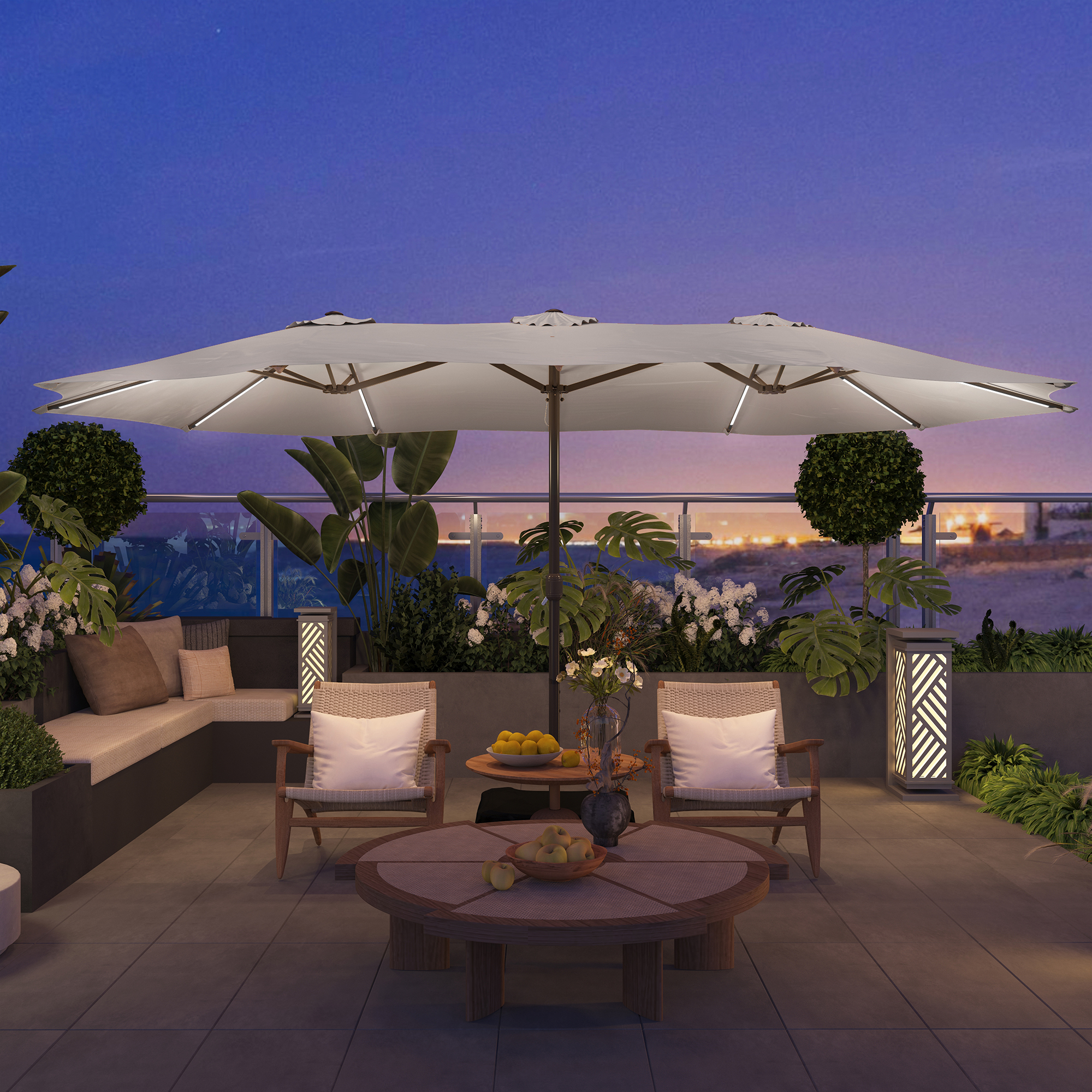 15ft Double-Sided Outdoor Umbrella with Solar String Lights & Base