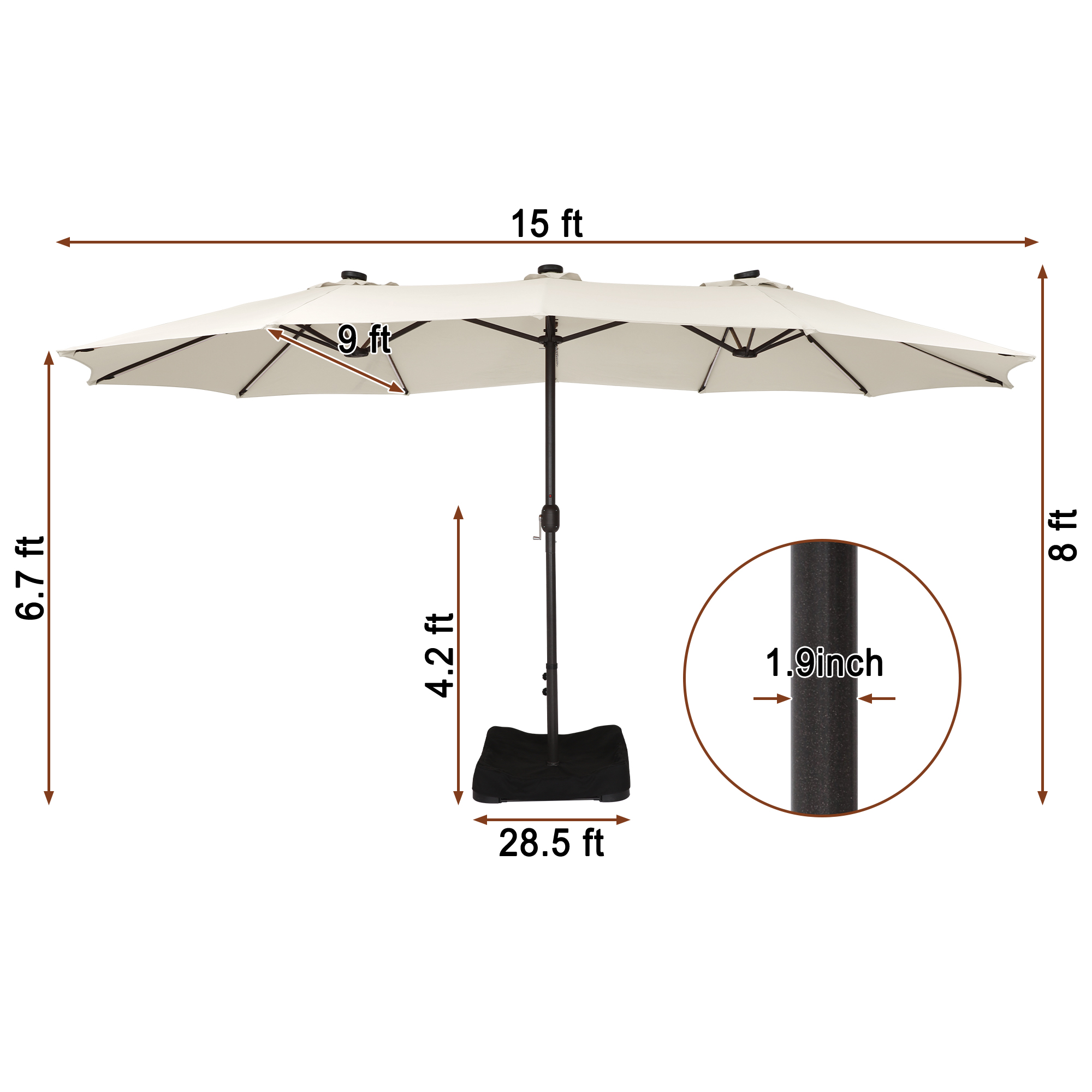 15ft Double-Sided Outdoor Umbrella with Solar String Lights & Base