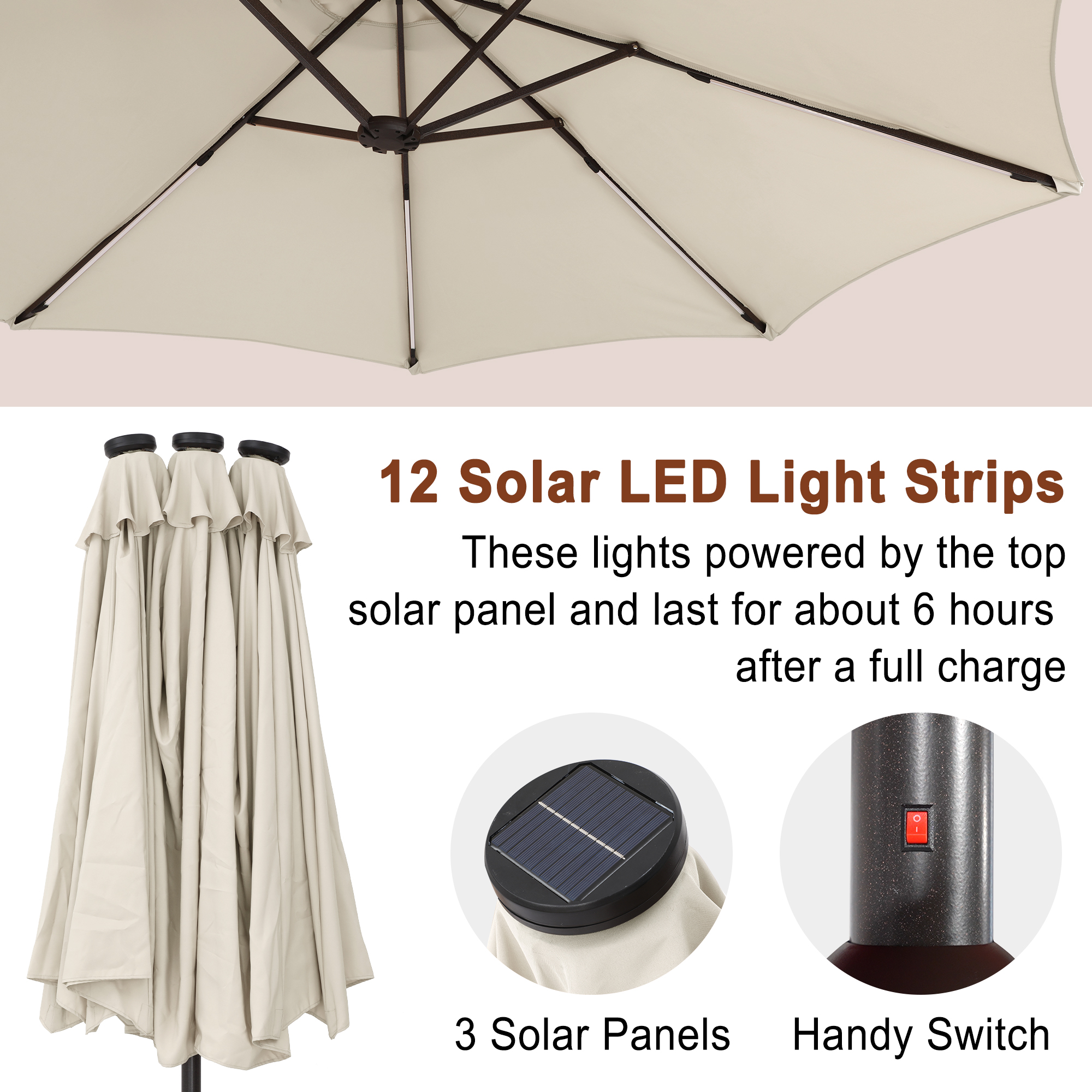 15ft Double-Sided Outdoor Umbrella with Solar String Lights & Base
