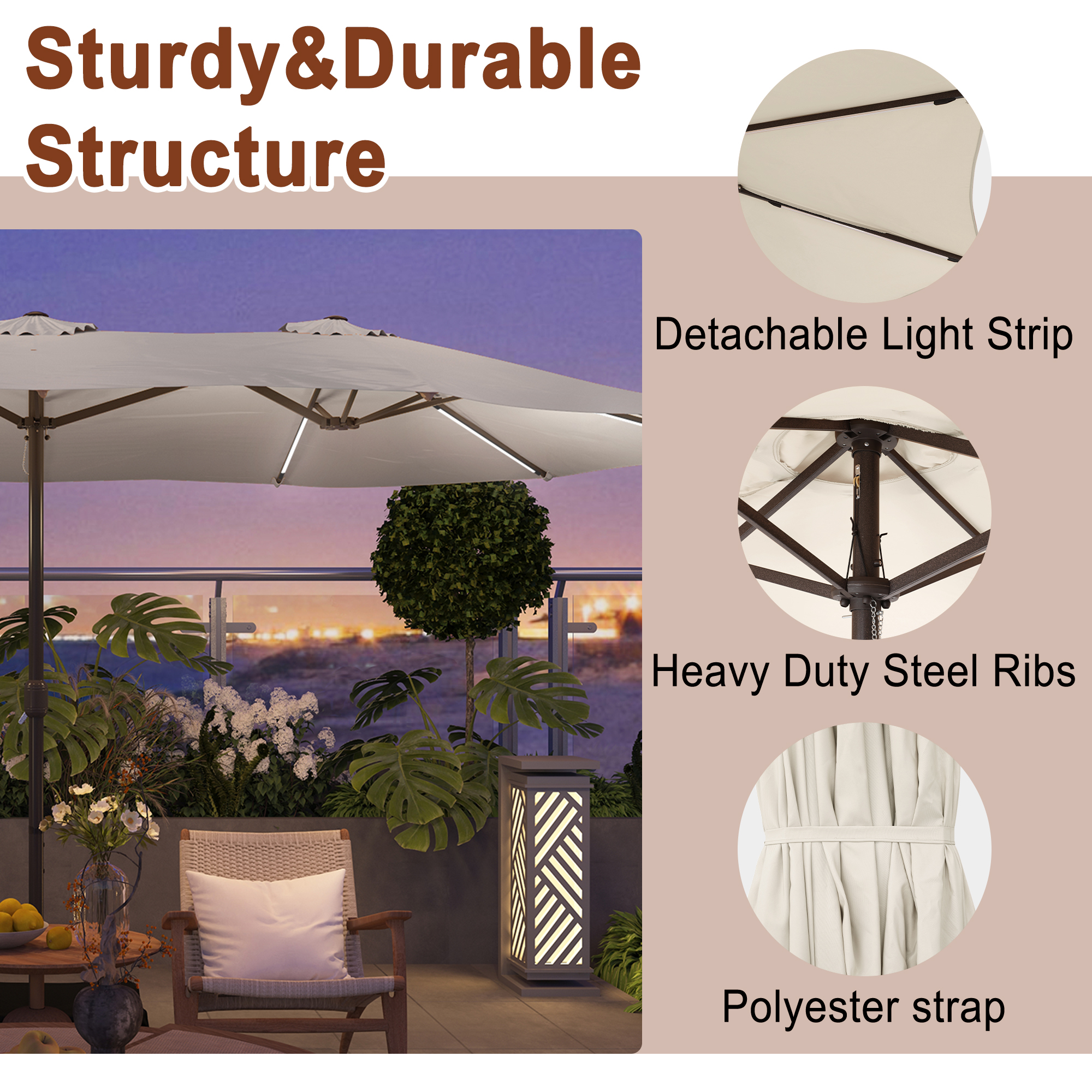 15ft Double-Sided Outdoor Umbrella with Solar String Lights & Base