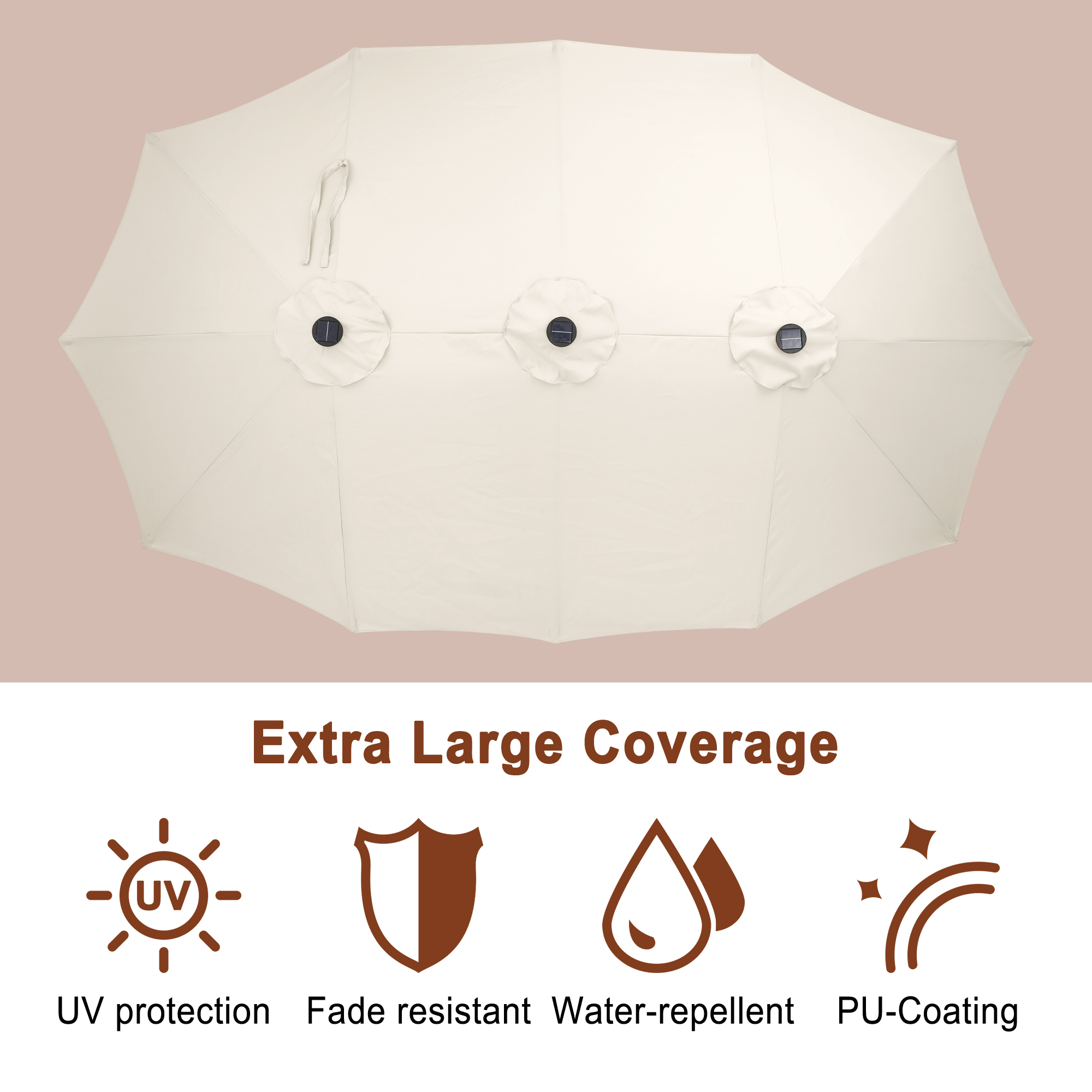 15ft Double-Sided Outdoor Umbrella with Solar String Lights & Base