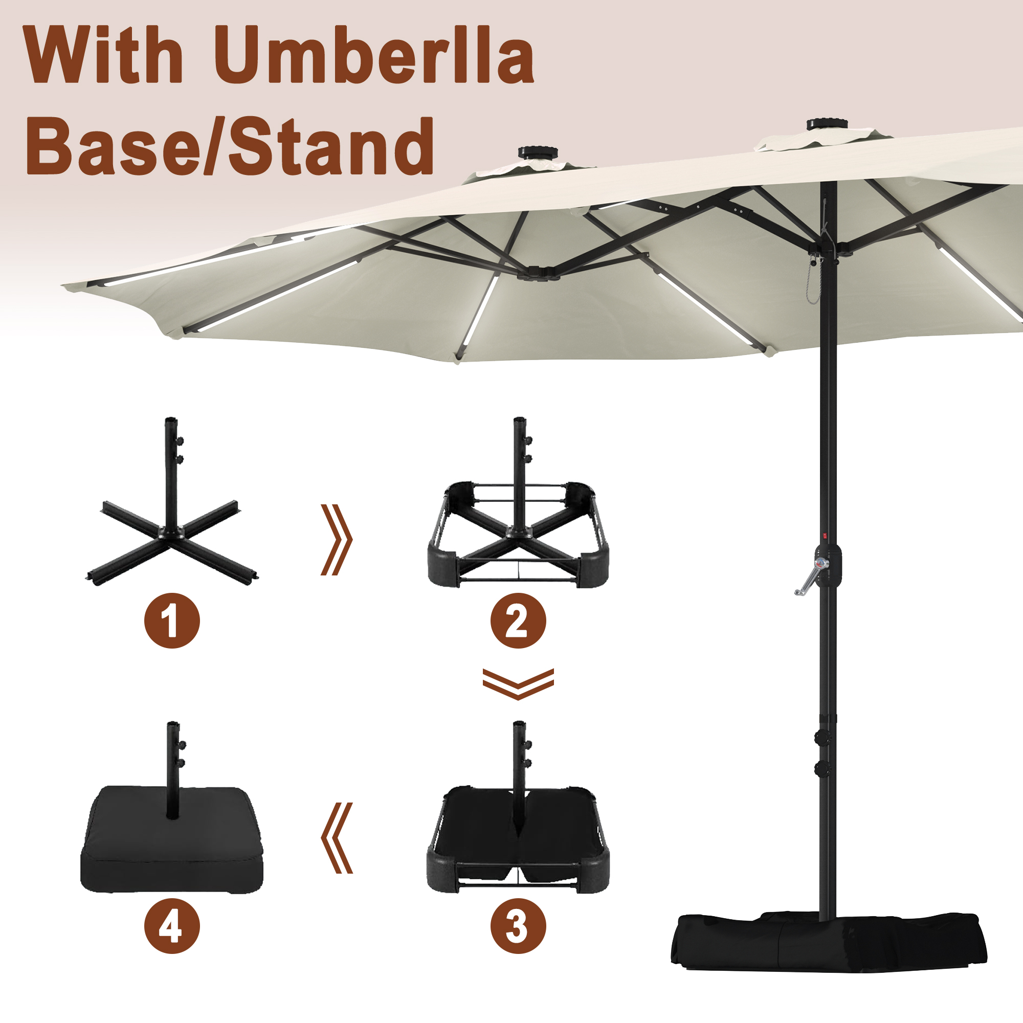 15ft Double-Sided Outdoor Umbrella with Solar String Lights & Base