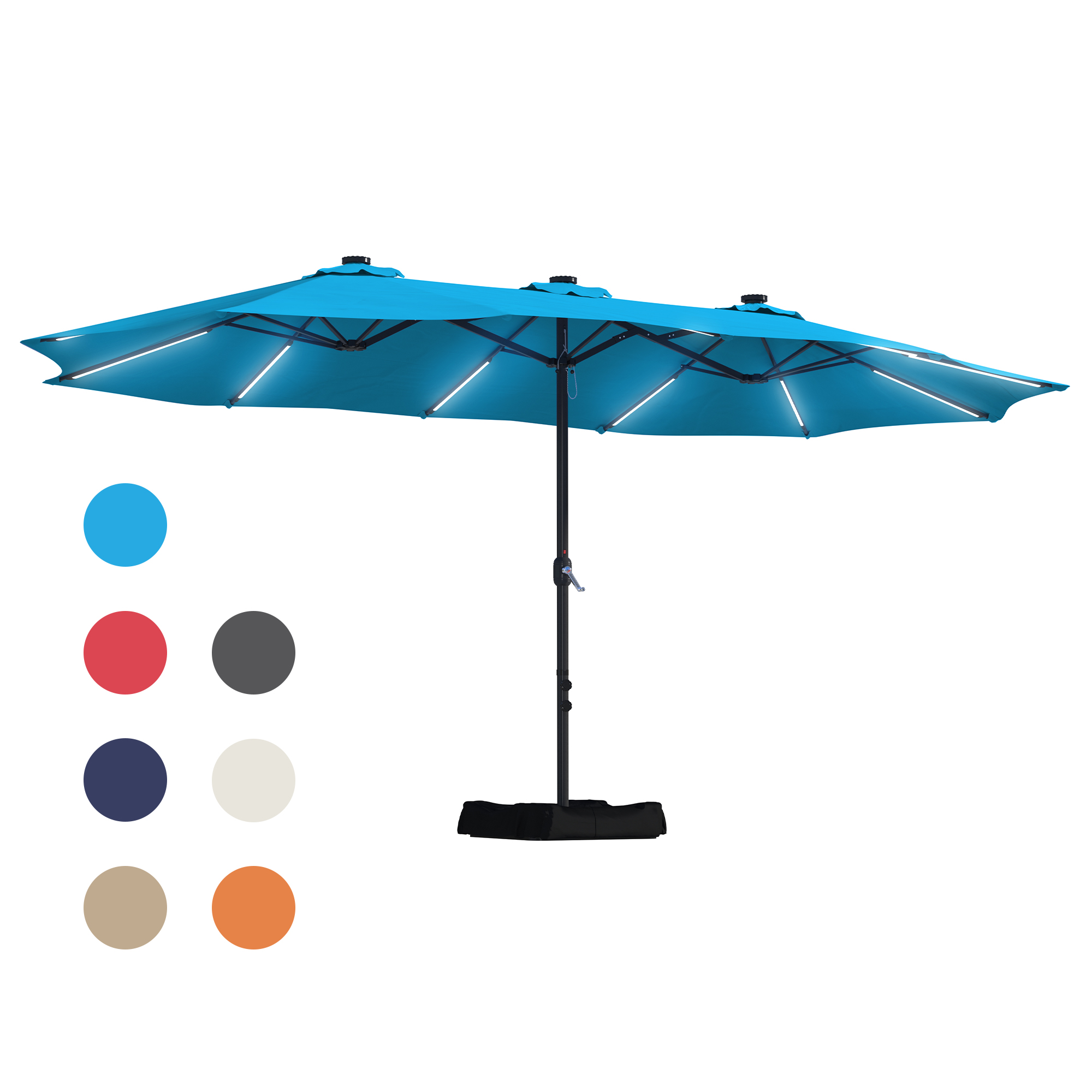 15ft Double-Sided Outdoor Umbrella with Solar String Lights & Base