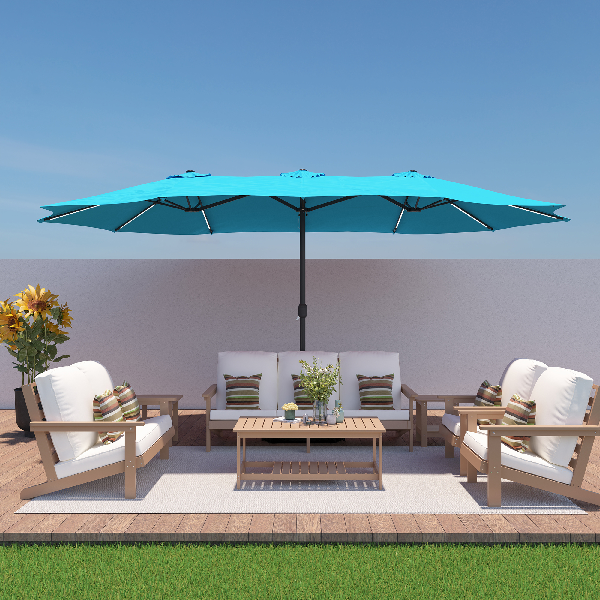 15ft Double-Sided Outdoor Umbrella with Solar String Lights & Base