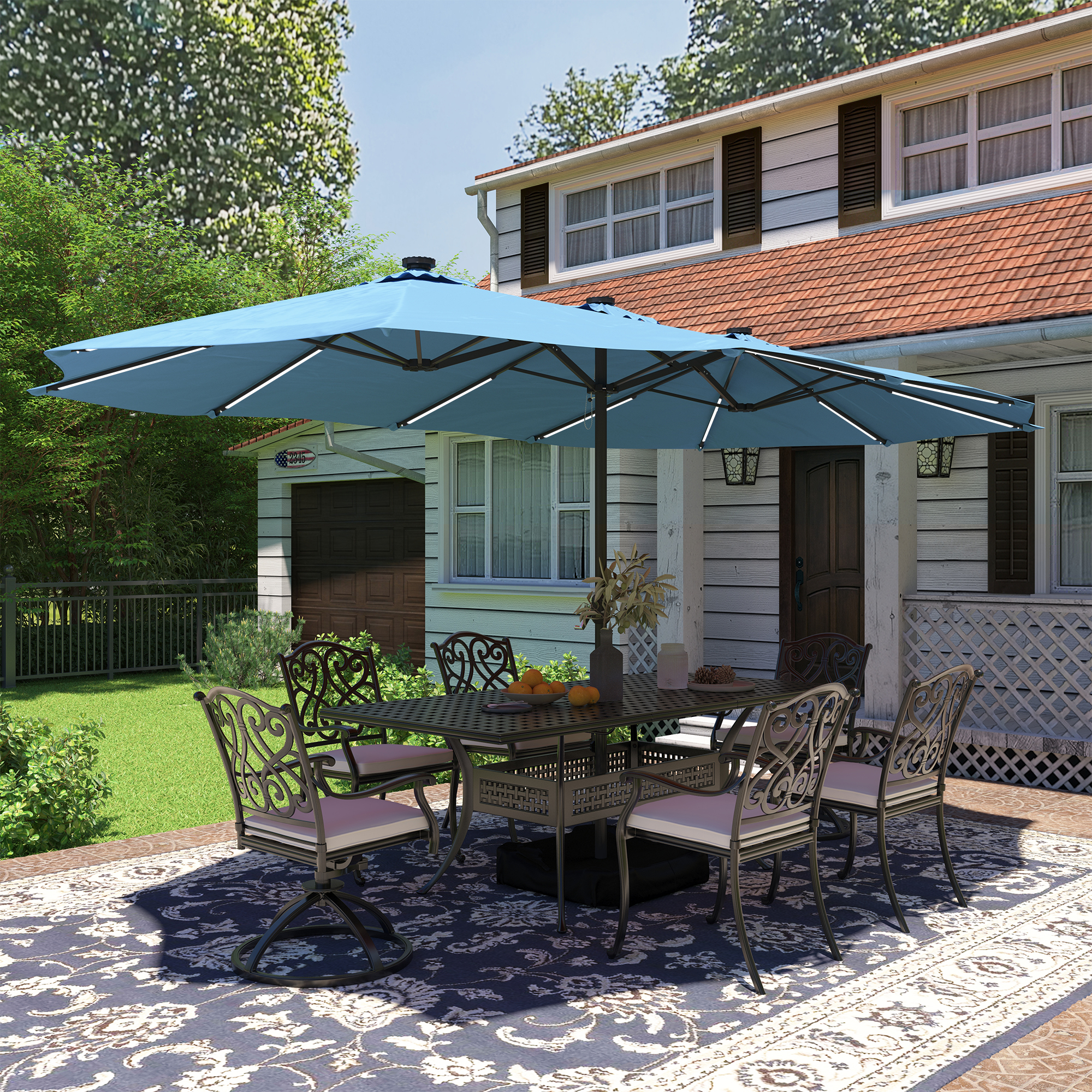 15ft Double-Sided Outdoor Umbrella with Solar String Lights & Base
