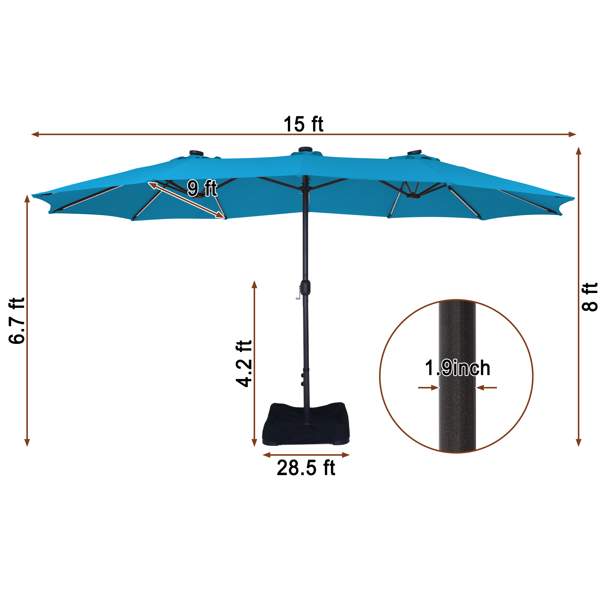 15ft Double-Sided Outdoor Umbrella with Solar String Lights & Base