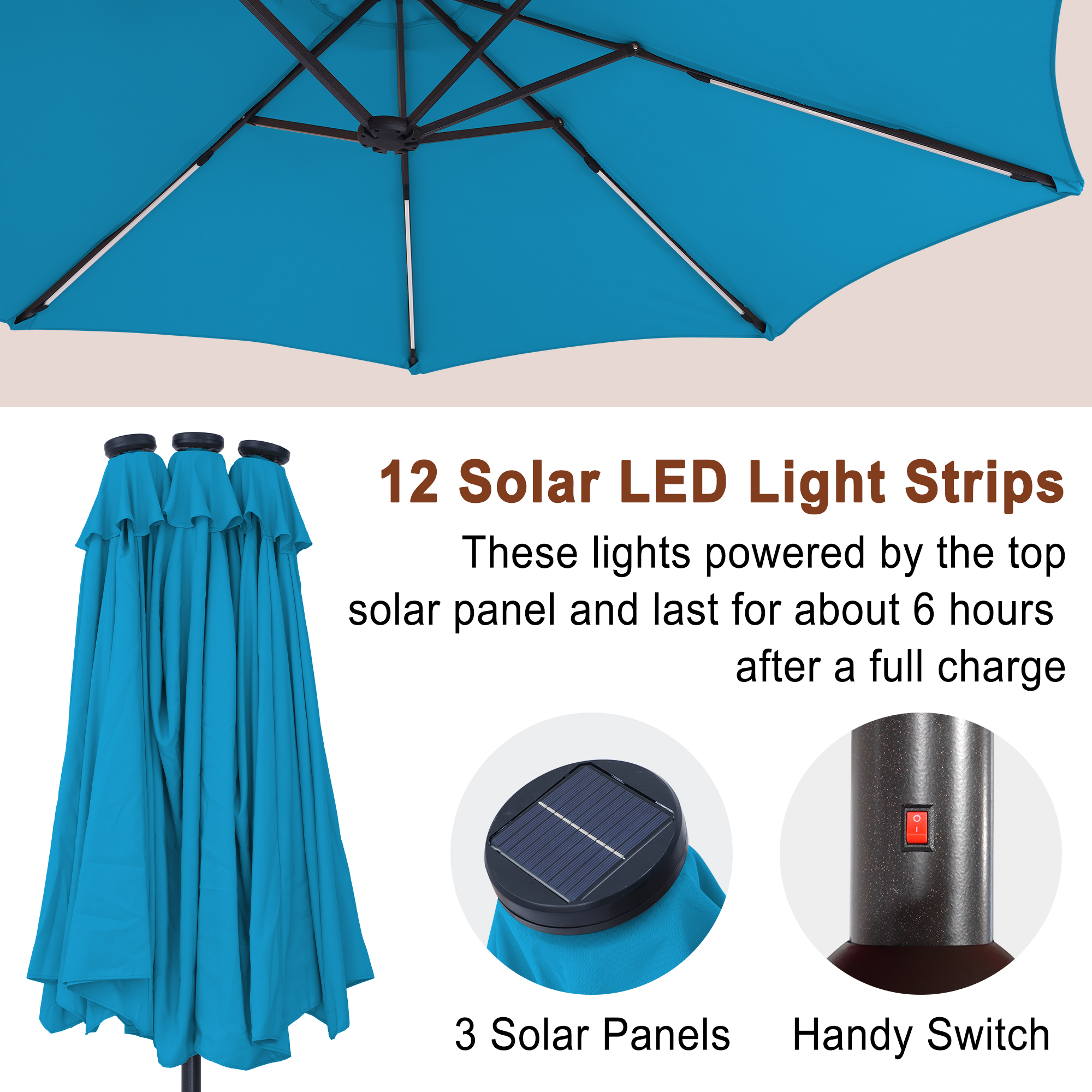 15ft Double-Sided Outdoor Umbrella with Solar String Lights & Base