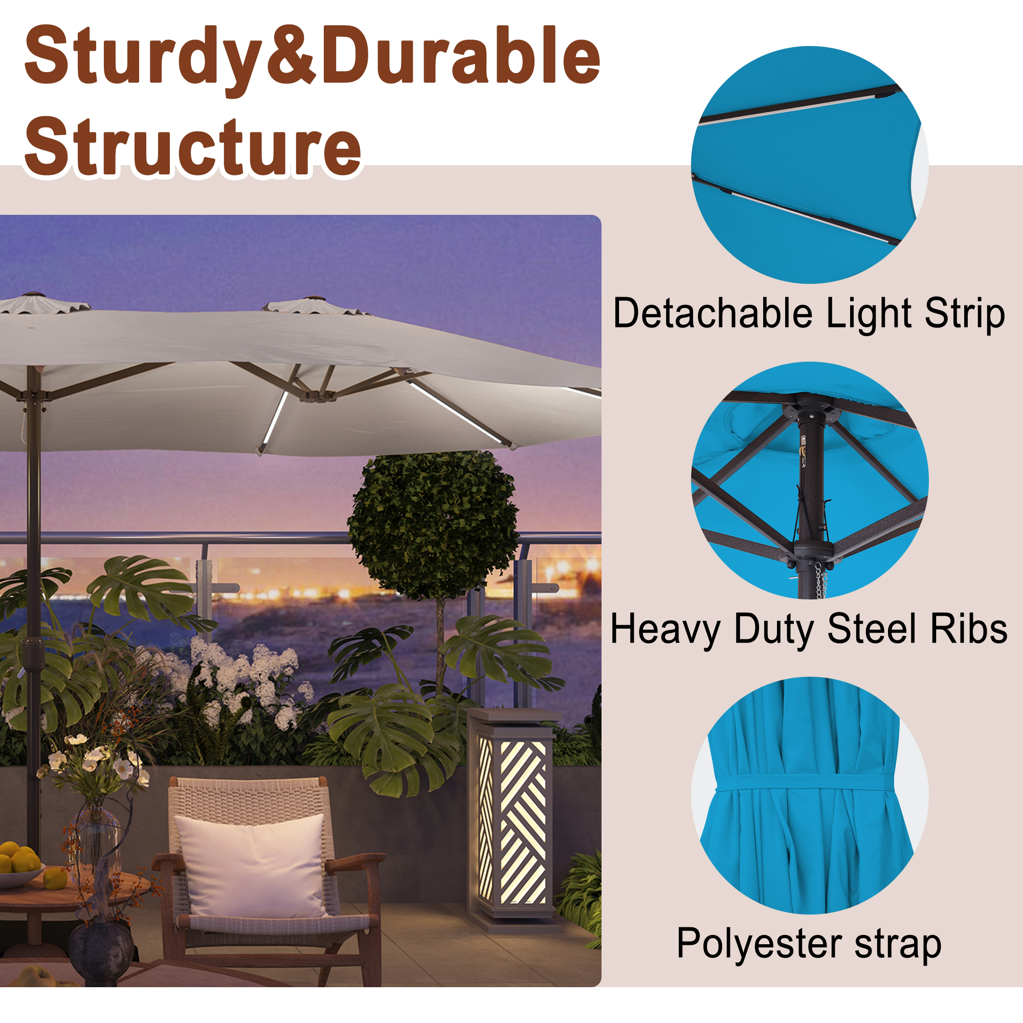 15ft Double-Sided Outdoor Umbrella with Solar String Lights & Base