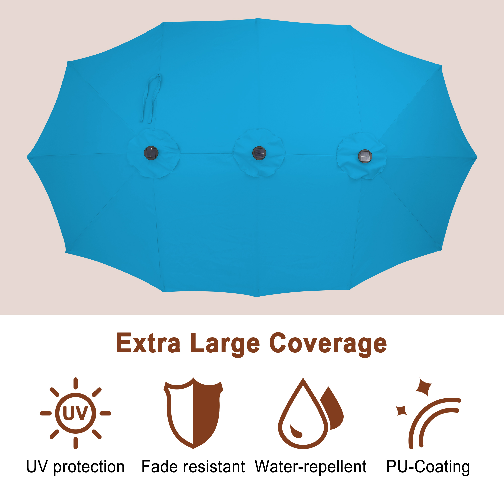 15ft Double-Sided Outdoor Umbrella with Solar String Lights & Base