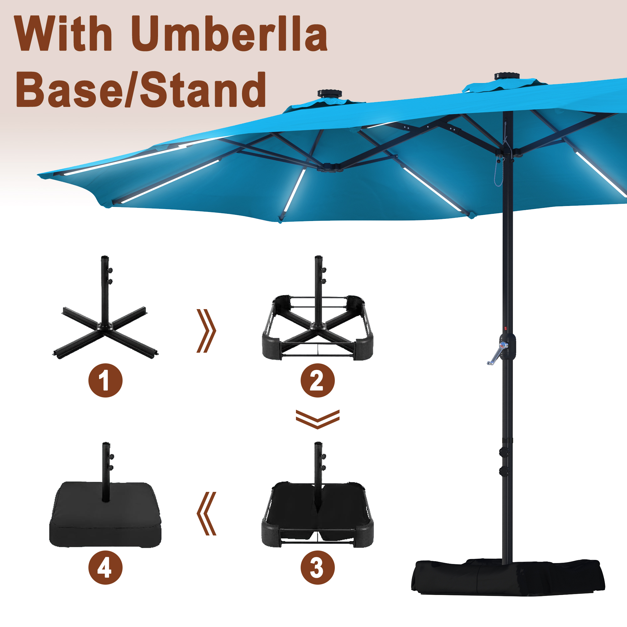 15ft Double-Sided Outdoor Umbrella with Solar String Lights & Base