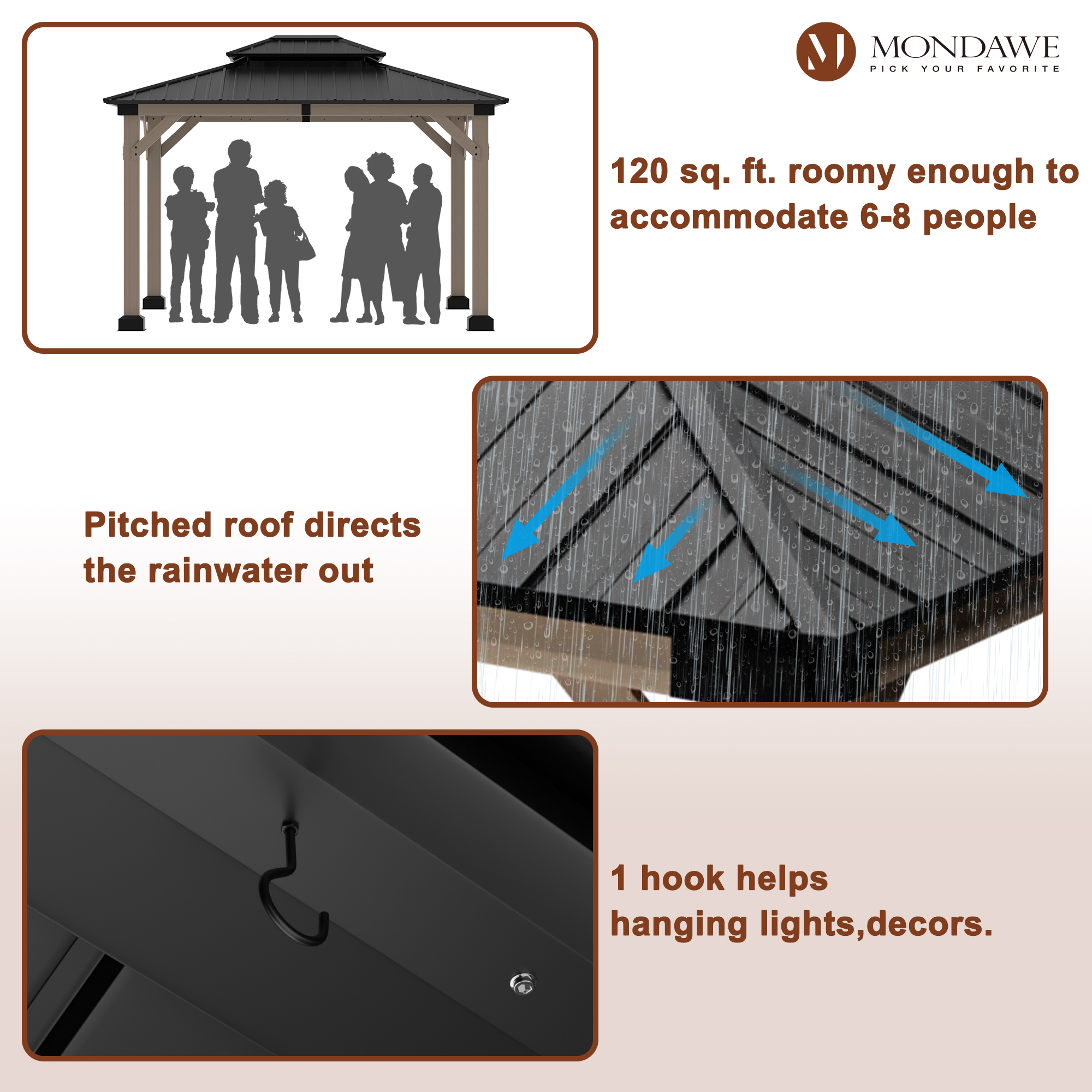 10 ft. x 12 ft. Outdoor Fir Solid Wood Frame Patio Gazebo Canopy Shelter with Galvanized Steel Hardtop Roof Pavilion-Mondawe