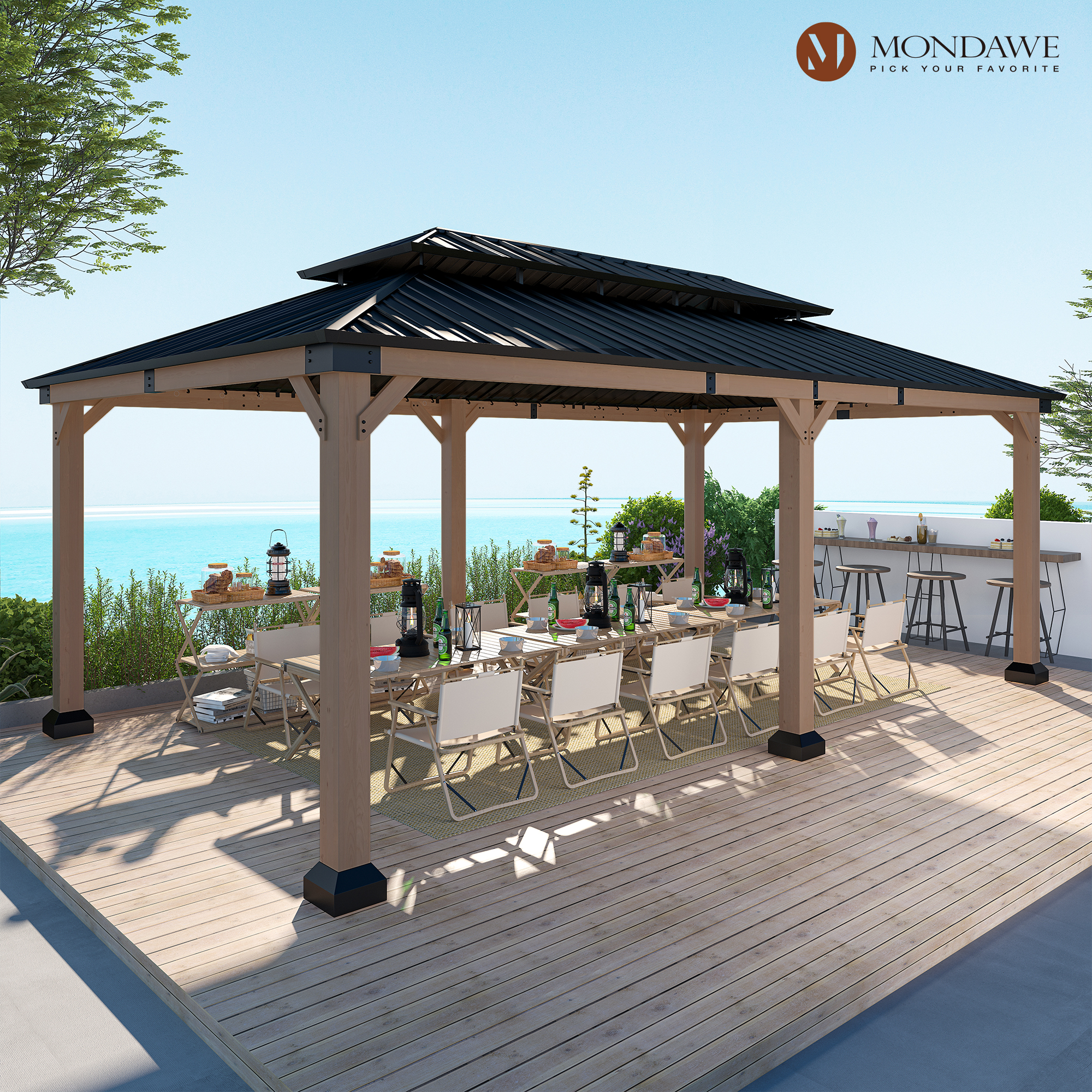 12 ft. x 20 ft. Outdoor Fir Solid Wood Frame Patio Gazebo Canopy Tent Shelter with Galvanized Steel Hardtop Pavilion-Mondawe