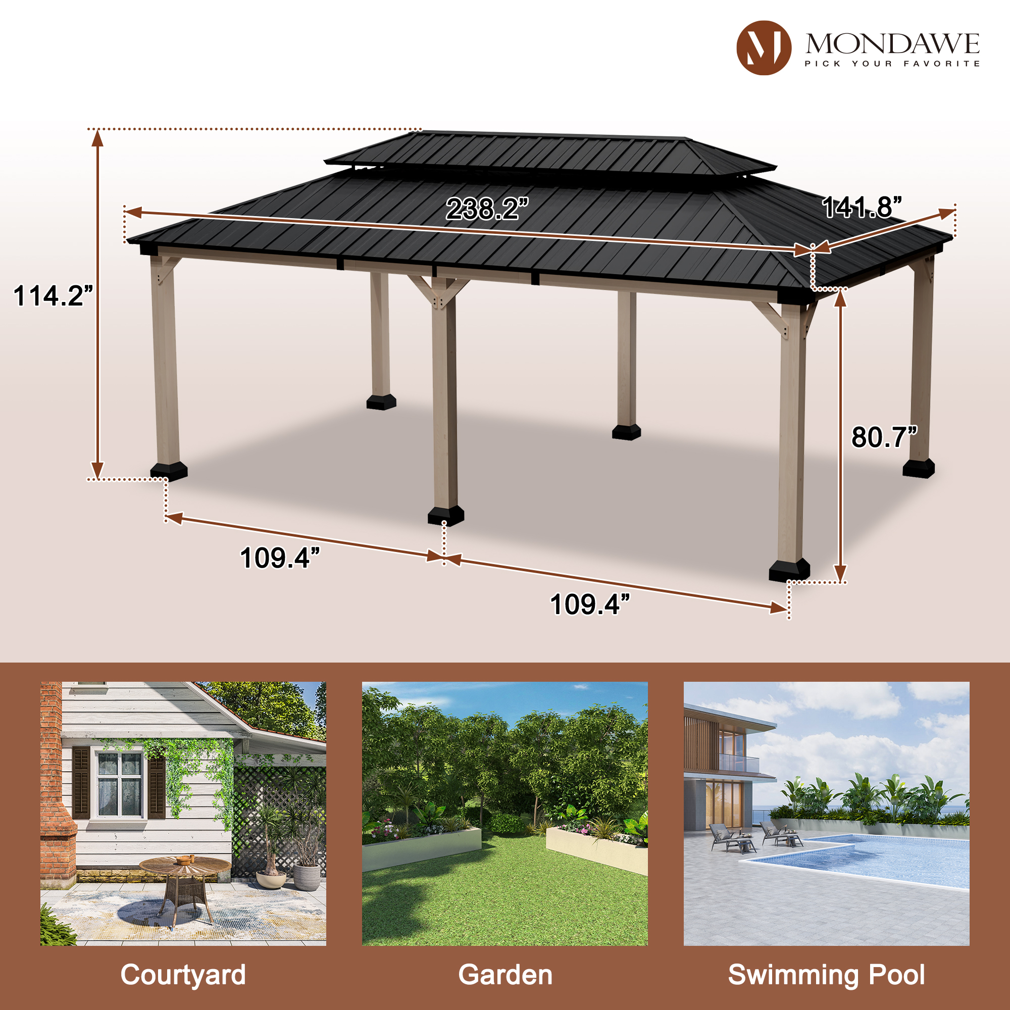 12 ft. x 20 ft. Outdoor Fir Solid Wood Frame Patio Gazebo Canopy Tent Shelter with Galvanized Steel Hardtop Pavilion-Mondawe