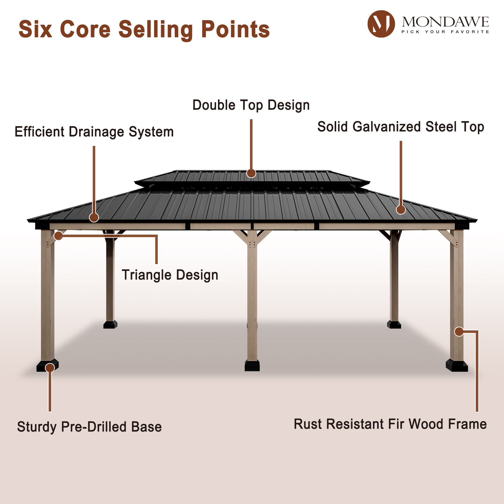 12 ft. x 20 ft. Outdoor Fir Solid Wood Frame Patio Gazebo Canopy Tent Shelter with Galvanized Steel Hardtop Pavilion-Mondawe