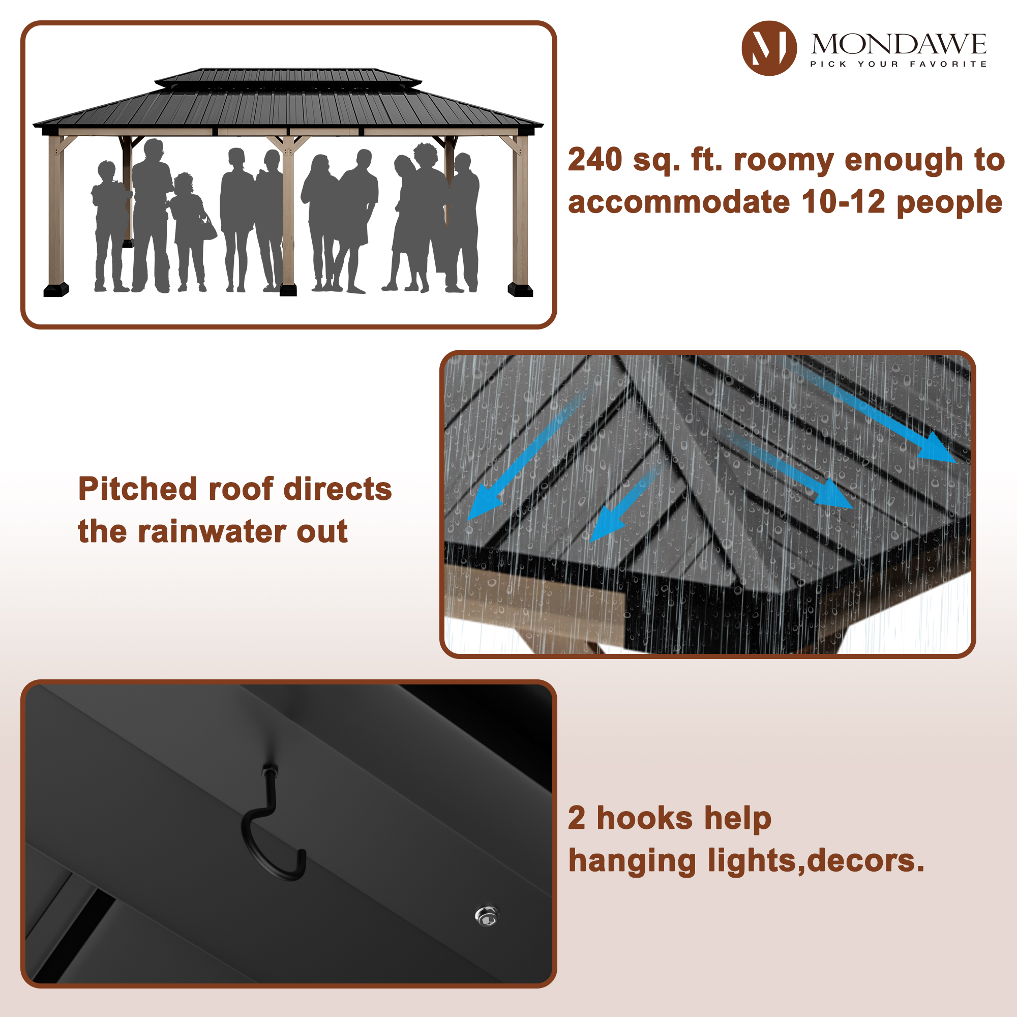 12 ft. x 20 ft. Outdoor Fir Solid Wood Frame Patio Gazebo Canopy Tent Shelter with Galvanized Steel Hardtop Pavilion-Mondawe