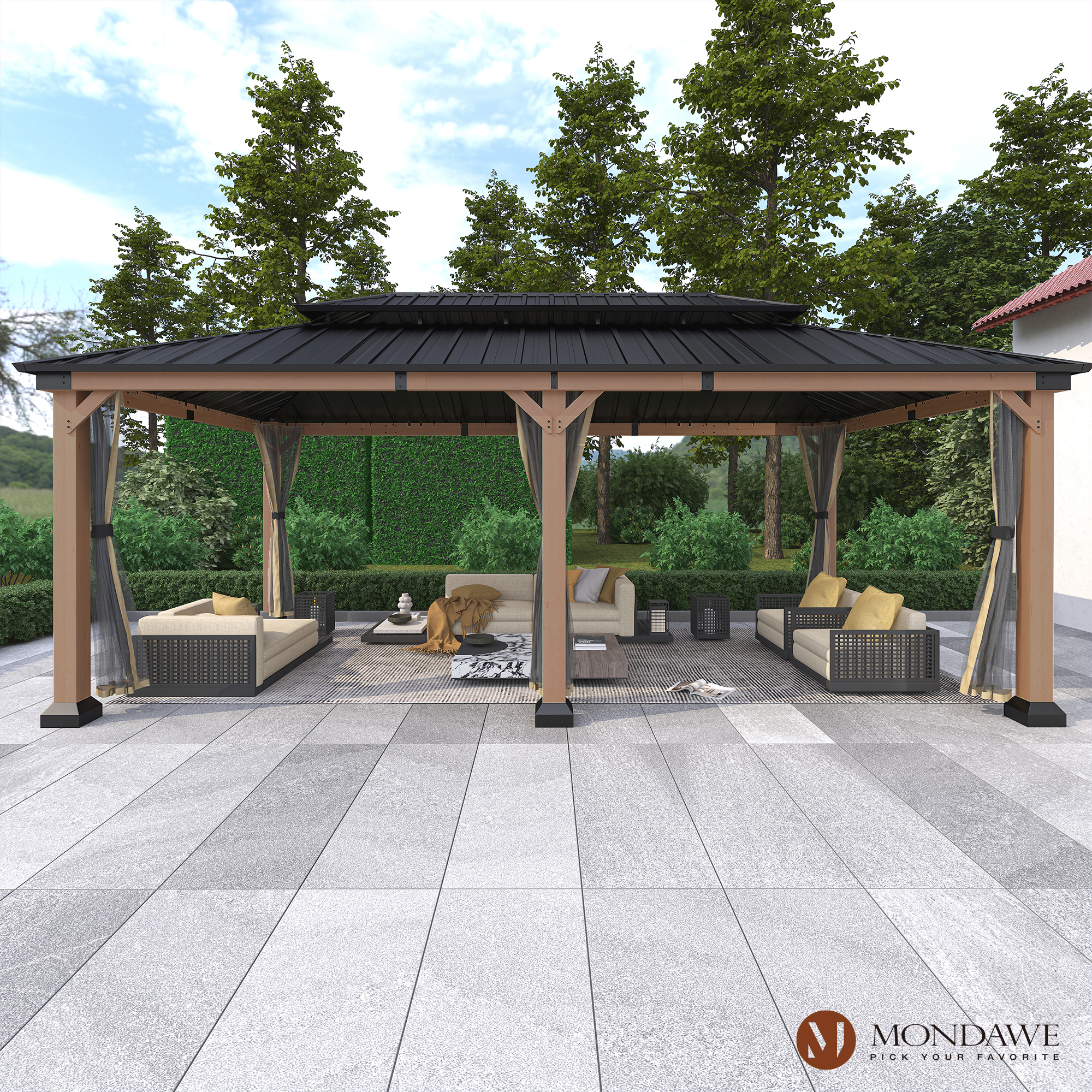 12 ft. x 20 ft. Outdoor Fir Solid Wood Frame Patio Gazebo Canopy Tent Shelter with Galvanized Steel Hardtop Pavilion-Mondawe