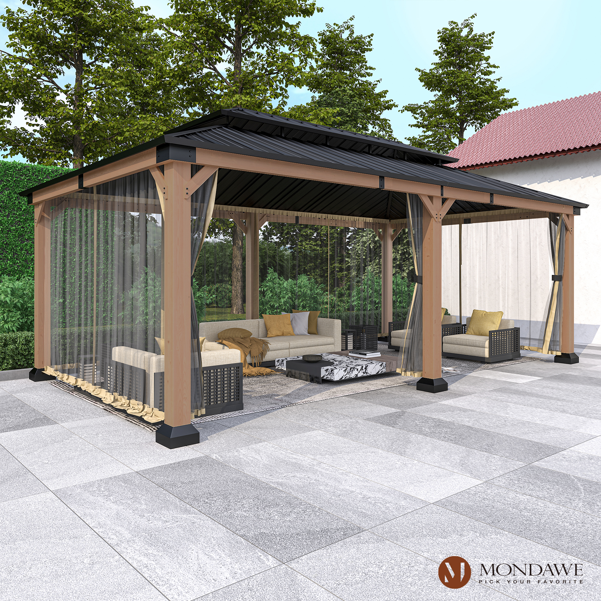 12 ft. x 20 ft. Outdoor Fir Solid Wood Frame Patio Gazebo Canopy Tent Shelter with Galvanized Steel Hardtop Pavilion-Mondawe