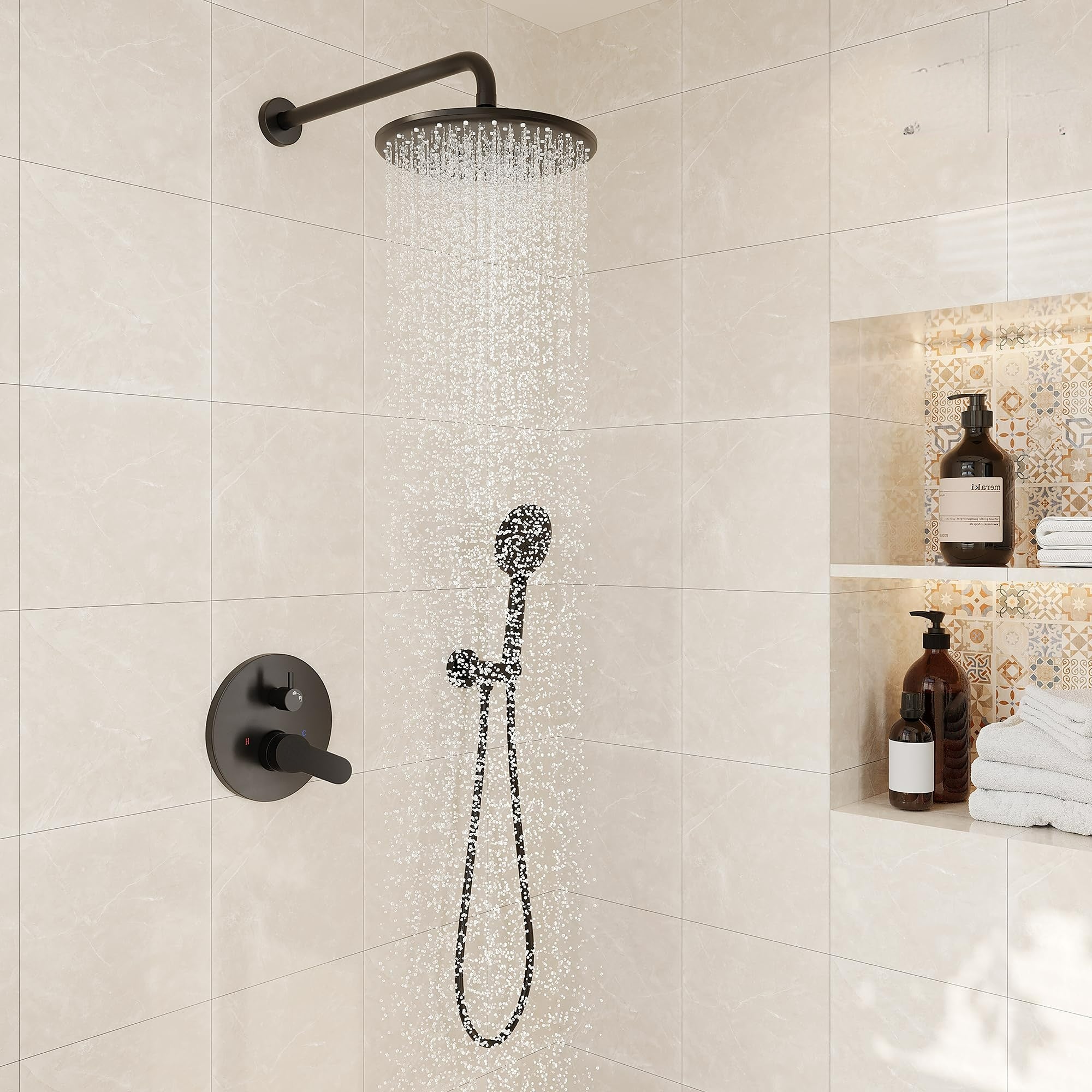 10 Inch Shower Faucet Set Complete, Wall Mounted Shower System with Rainfall Shower Head Combo, Single Handle Shower Valve and Trim Kit