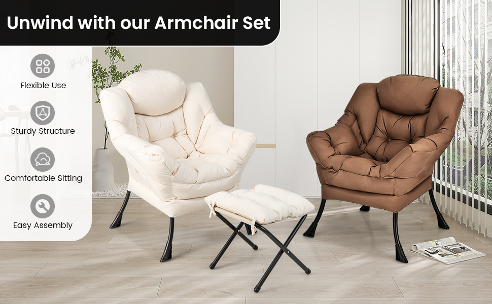 Modern Accent Sofa Chair with Folding Footrest and Side Pocket