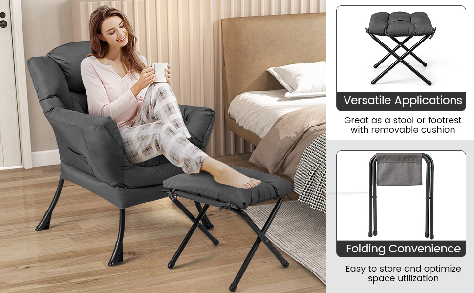 Modern Accent Sofa Chair with Folding Footrest and Side Pocket