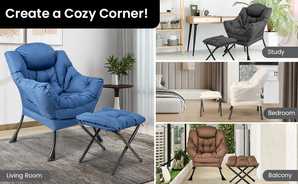 Modern Accent Sofa Chair with Folding Footrest and Side Pocket