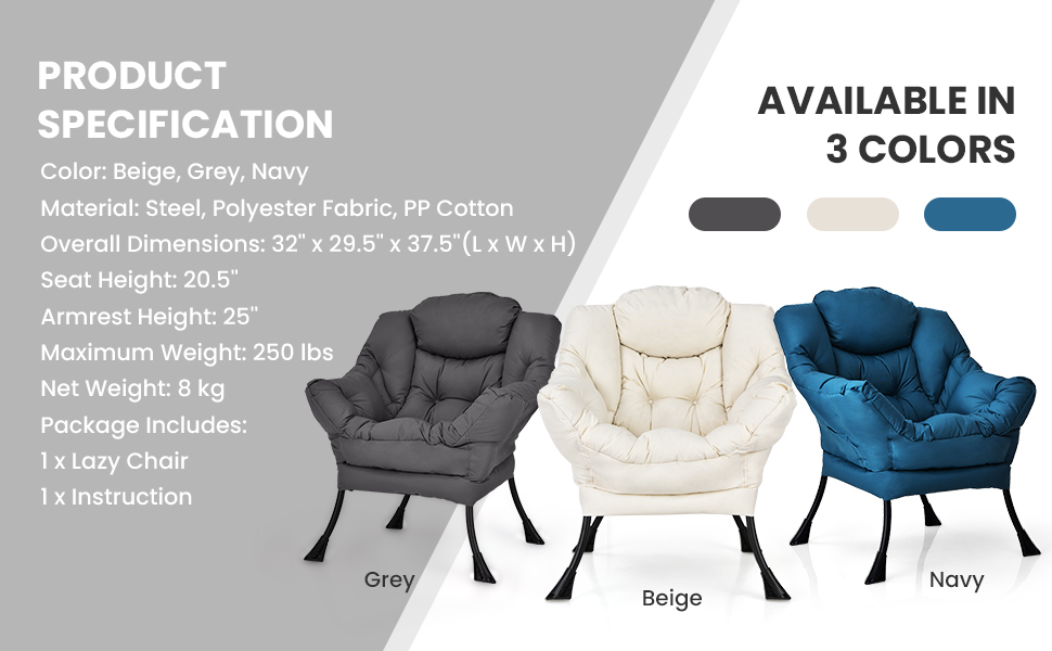 Modern Polyester Fabric Lazy Chair with Steel Frame and Side Pocket