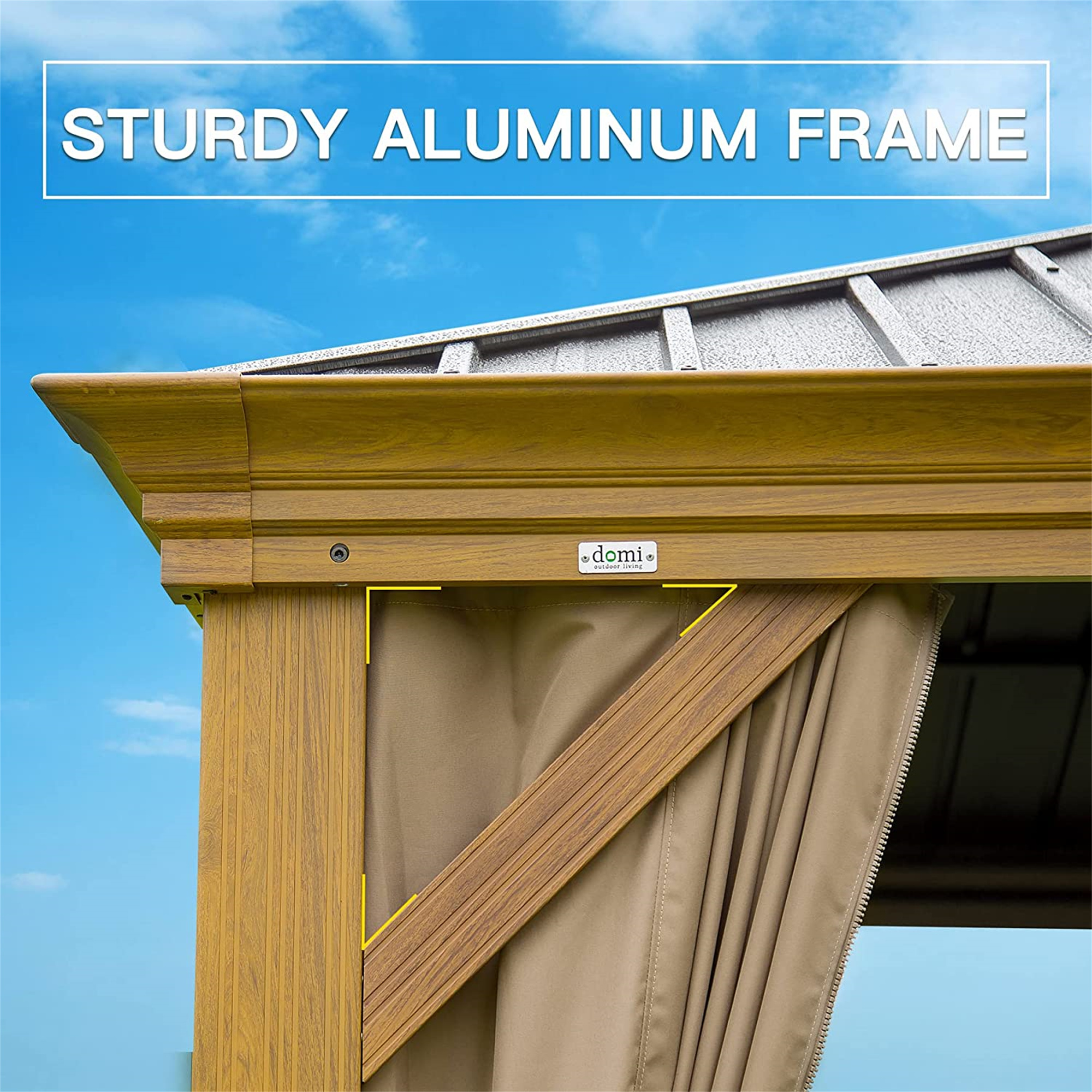 Hardtop Gazebo, Wooden Coated Aluminum Frame Canopy with Galvanized Steel Double Roof, Outdoor Permanent Metal Pavilion with Curtains and Netting for Patio, Deck and Lawn(Wood-Looking)