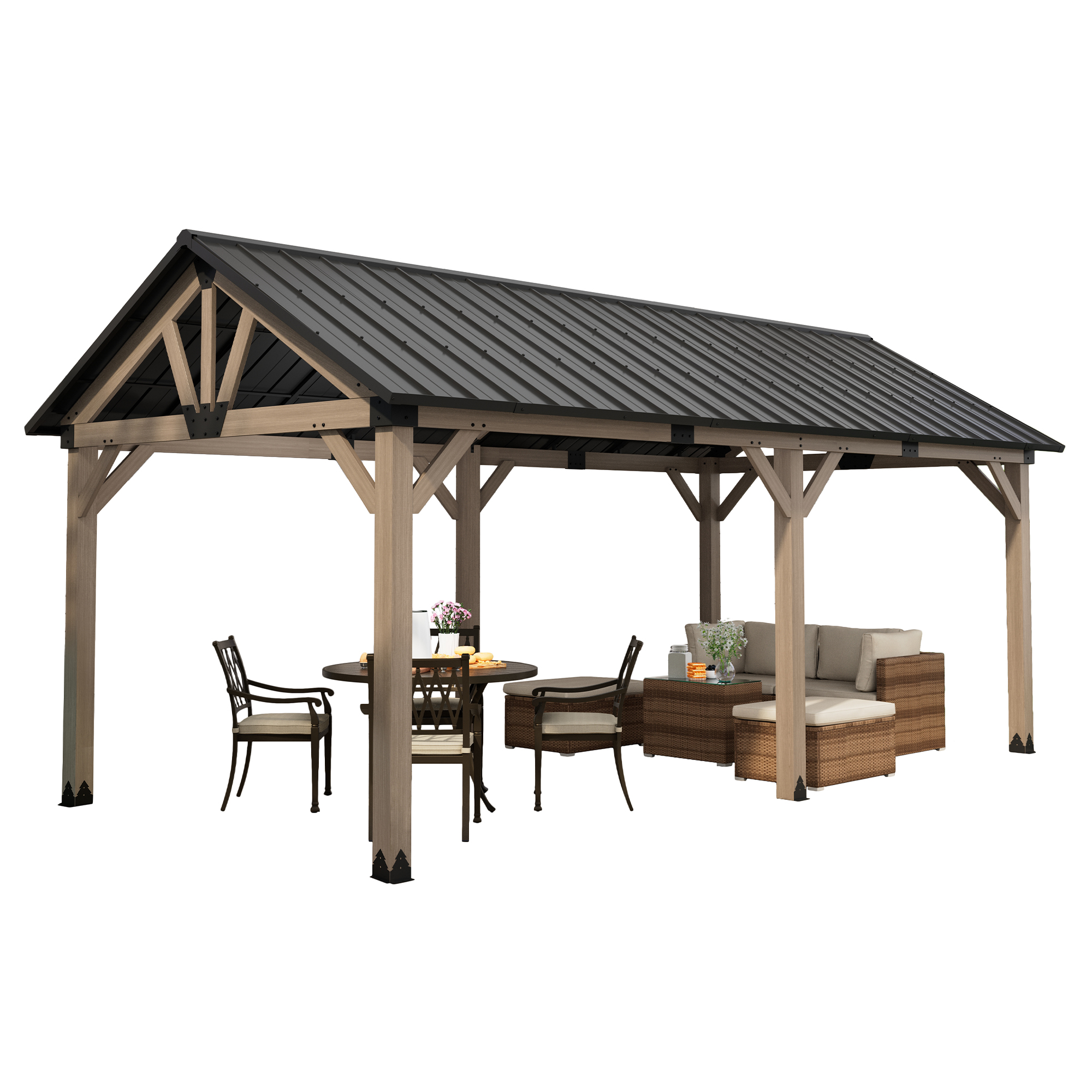 10 ft. x 12 ft. Outdoor Cedar Wood Frame Patio Gazebo Canopy Galvanized Steel Gable Hardtop Roof for Patio Lawn Backyard - Greenwich Serie