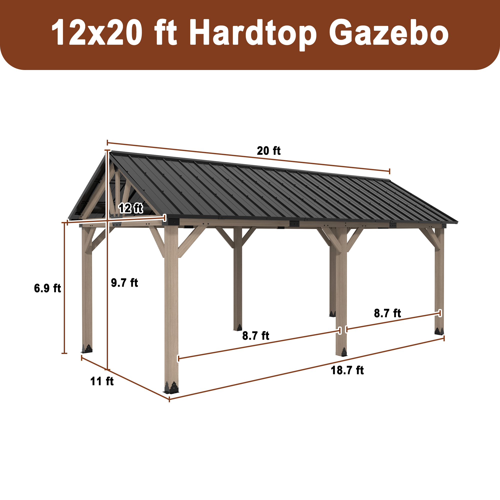 10 ft. x 12 ft. Outdoor Cedar Wood Frame Patio Gazebo Canopy Galvanized Steel Gable Hardtop Roof for Patio Lawn Backyard - Greenwich Serie