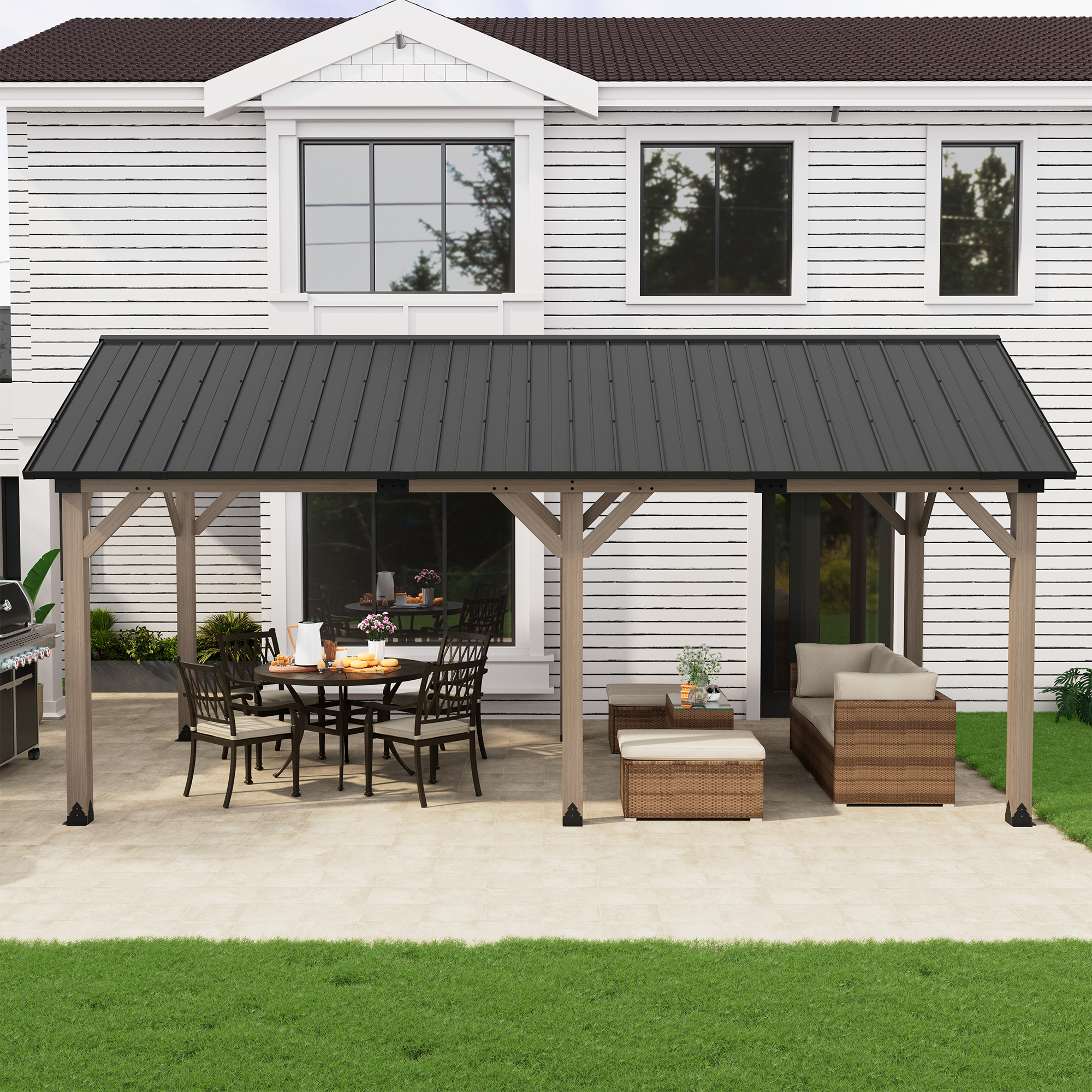10 ft. x 12 ft. Outdoor Cedar Wood Frame Patio Gazebo Canopy Galvanized Steel Gable Hardtop Roof for Patio Lawn Backyard - Greenwich Serie