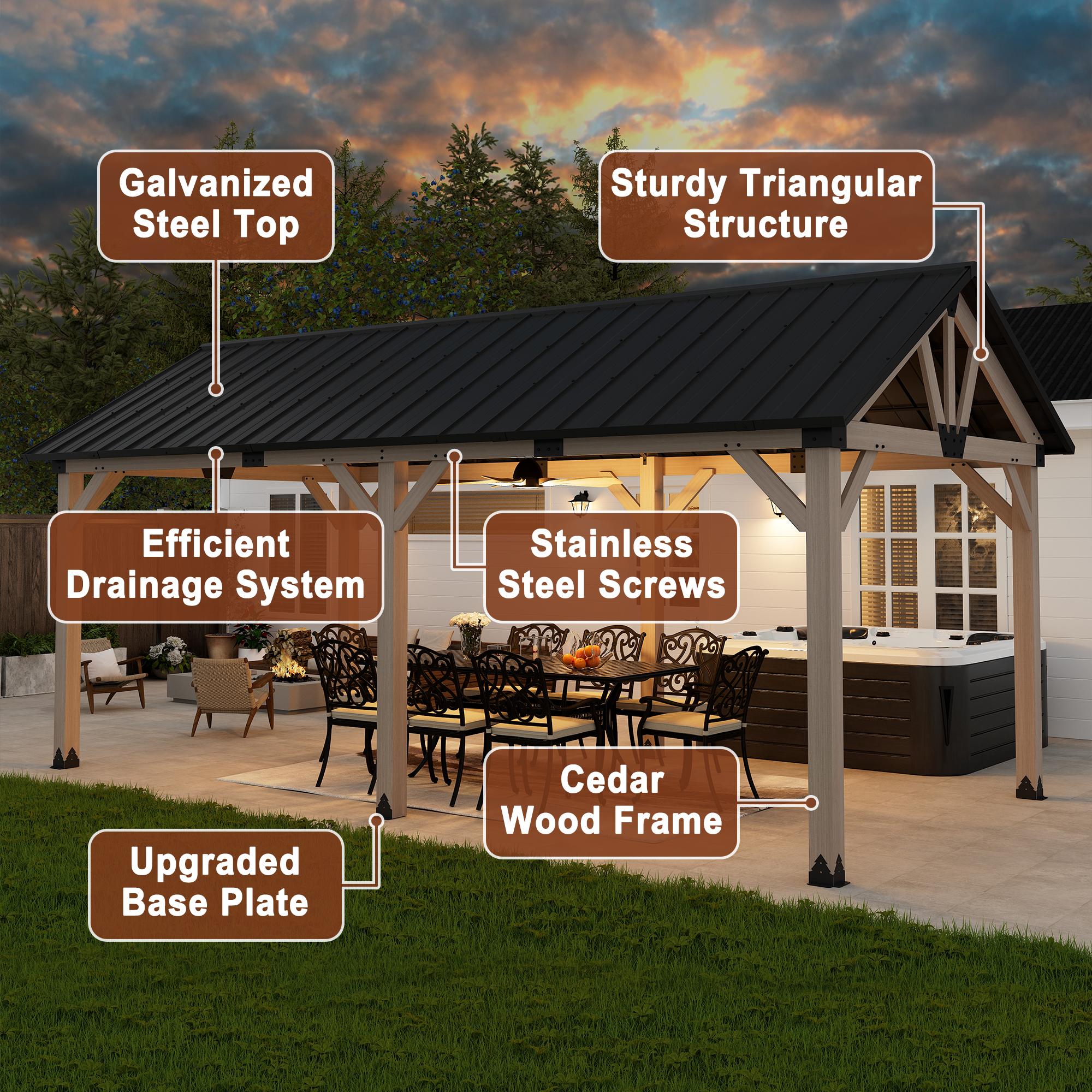 10 ft. x 12 ft. Outdoor Cedar Wood Frame Patio Gazebo Canopy Galvanized Steel Gable Hardtop Roof for Patio Lawn Backyard - Greenwich Serie