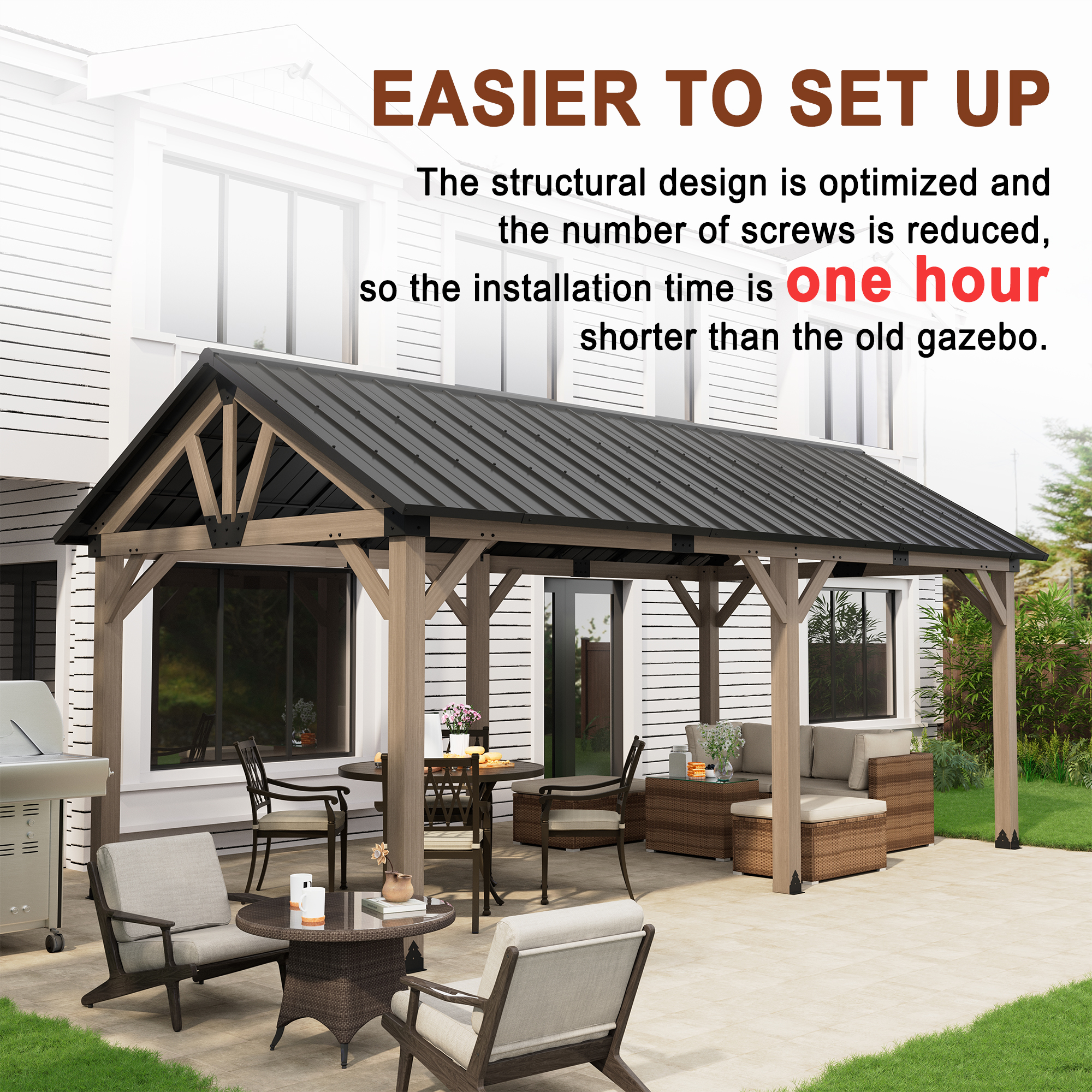 10 ft. x 12 ft. Outdoor Cedar Wood Frame Patio Gazebo Canopy Galvanized Steel Gable Hardtop Roof for Patio Lawn Backyard - Greenwich Serie