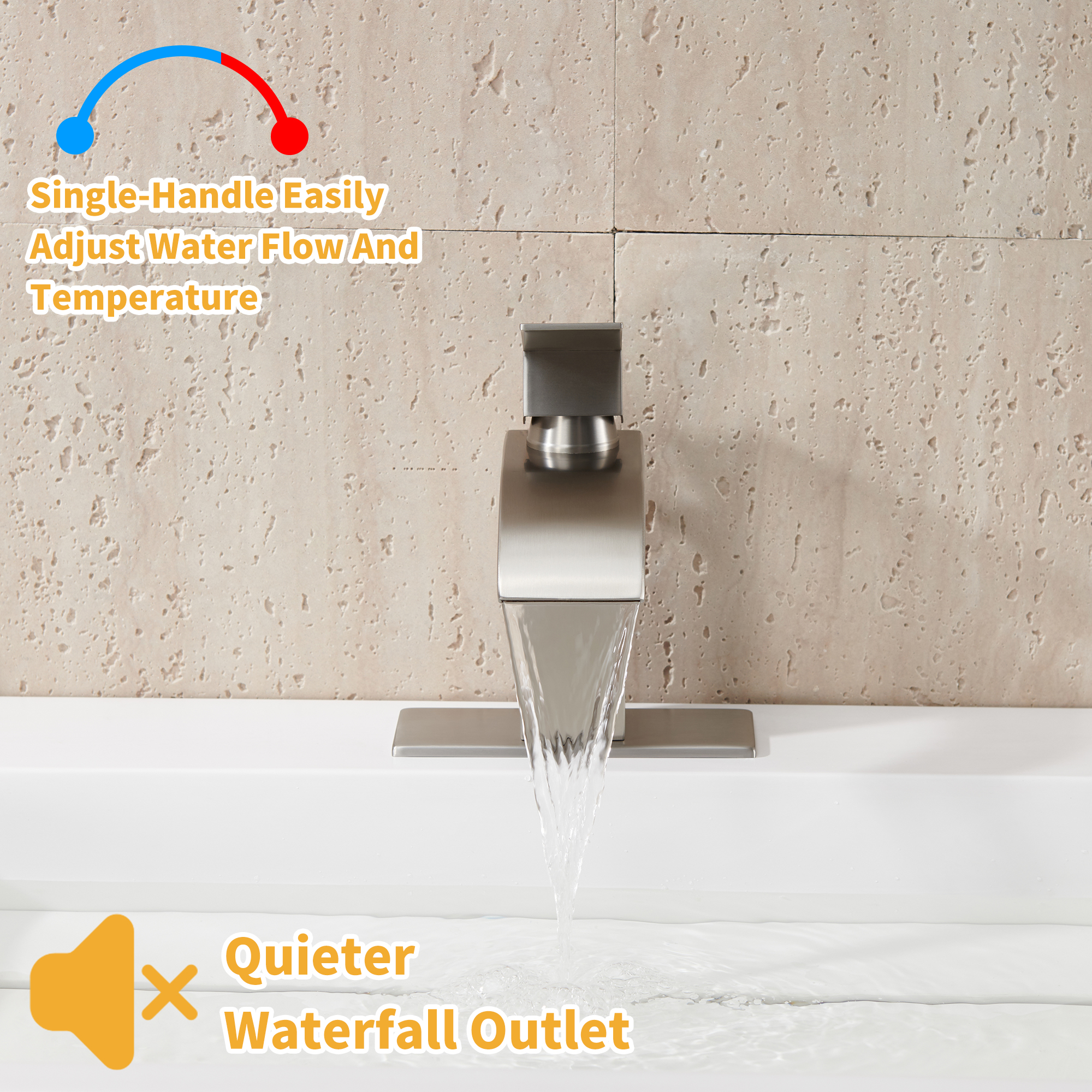 Waterfall Spout Bathroom Faucet In Brushed Nickel Single Handle Bathroom Sink Faucet