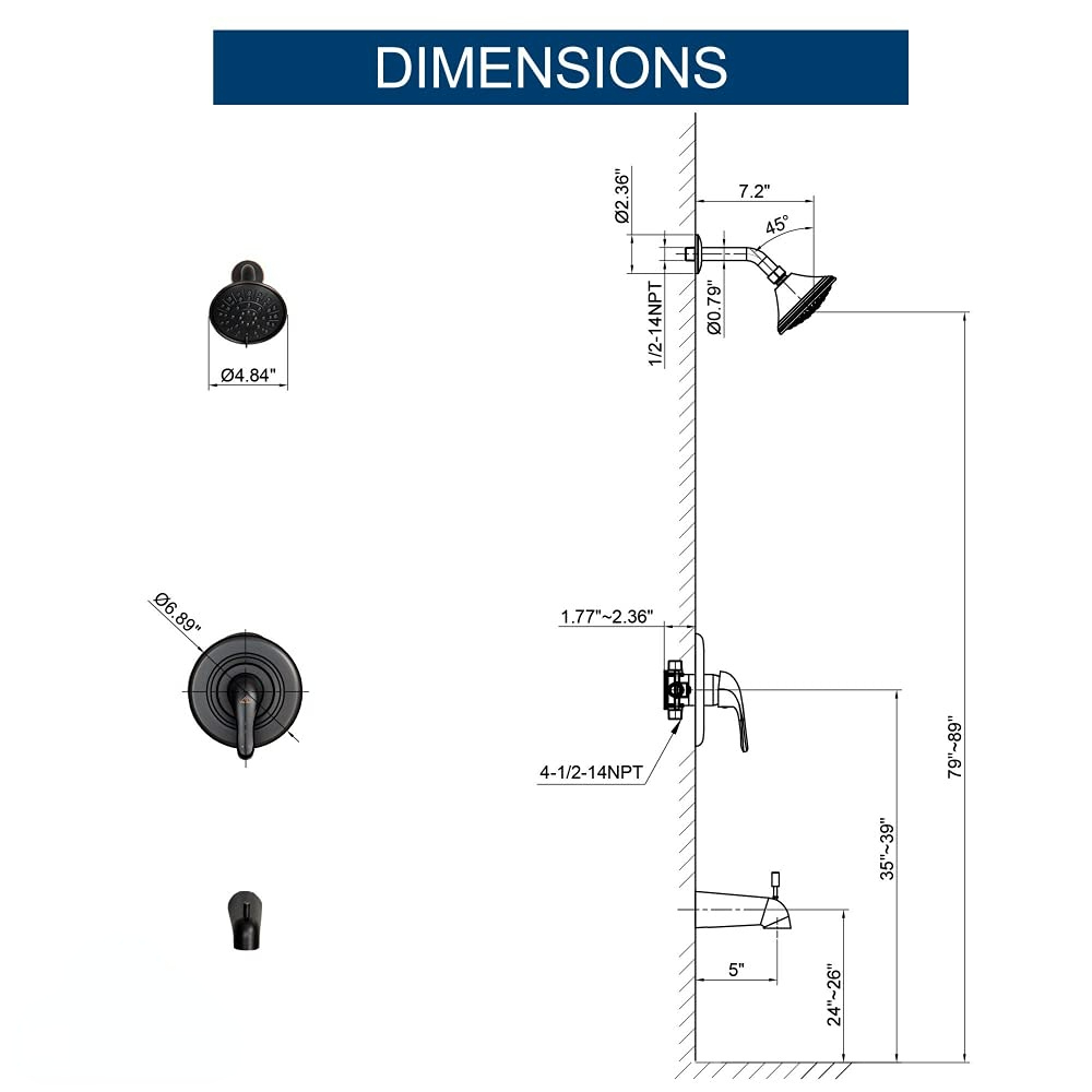 Bathtub Faucet Set, Shower System with Tub Spout 4.84 Inch 3-Spray Bathroom Shower Head, Single-Handle Shower Valve and Trim Kit (Oil Rubbed Bronze)