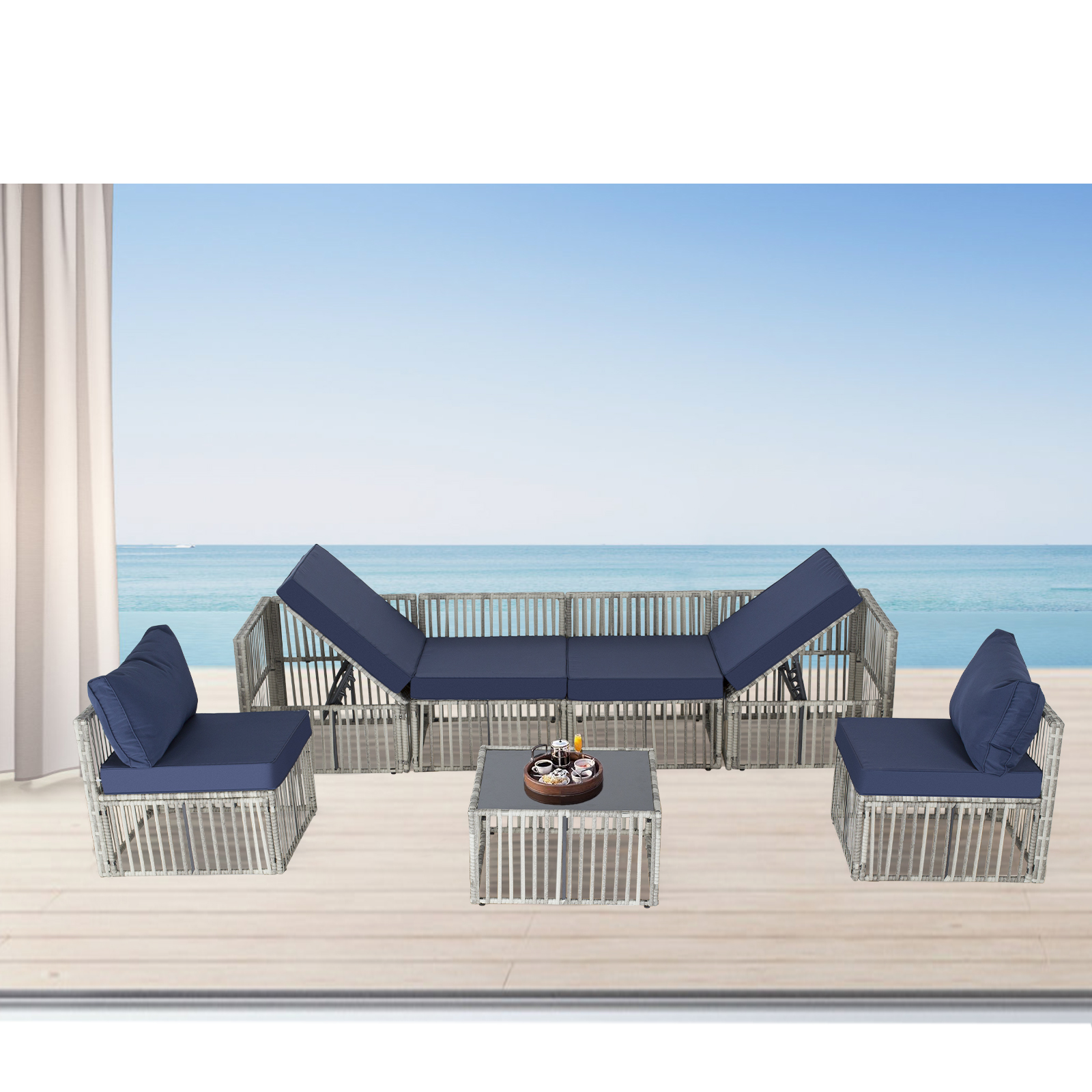 7-Piece Outdoor Patio Furniture Set – PE Rattan Sectional Sofa with Cushions & Coffee Table, All-Weather Wicker, Removable Covers，Gray/Blue/Brown