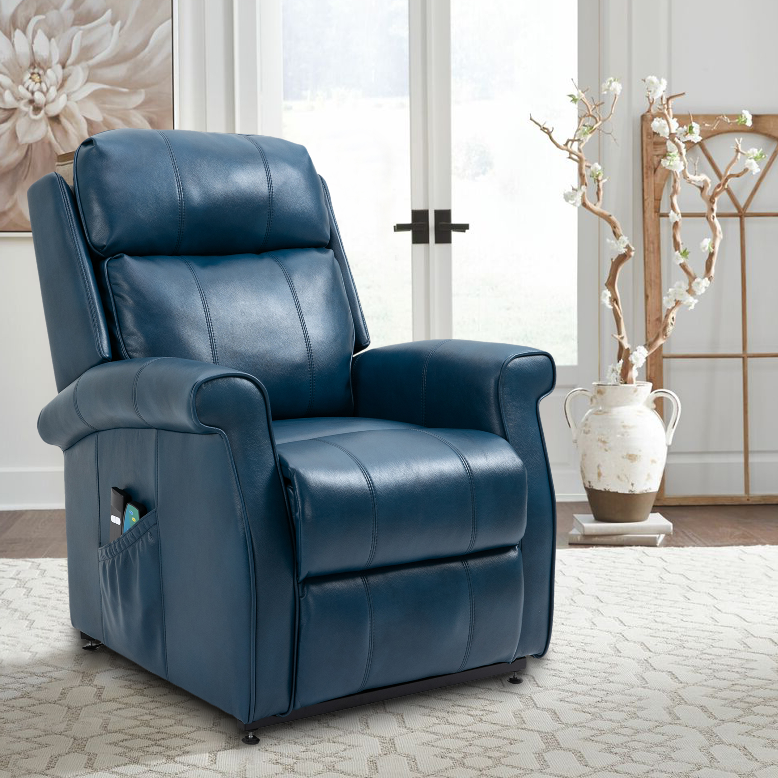 Boyel Living Electric Power Lift Recliner Soft Chair in Blue with 8-Point Massage, 2 Side Pockets,Thickened Pillow(Faux Leather)