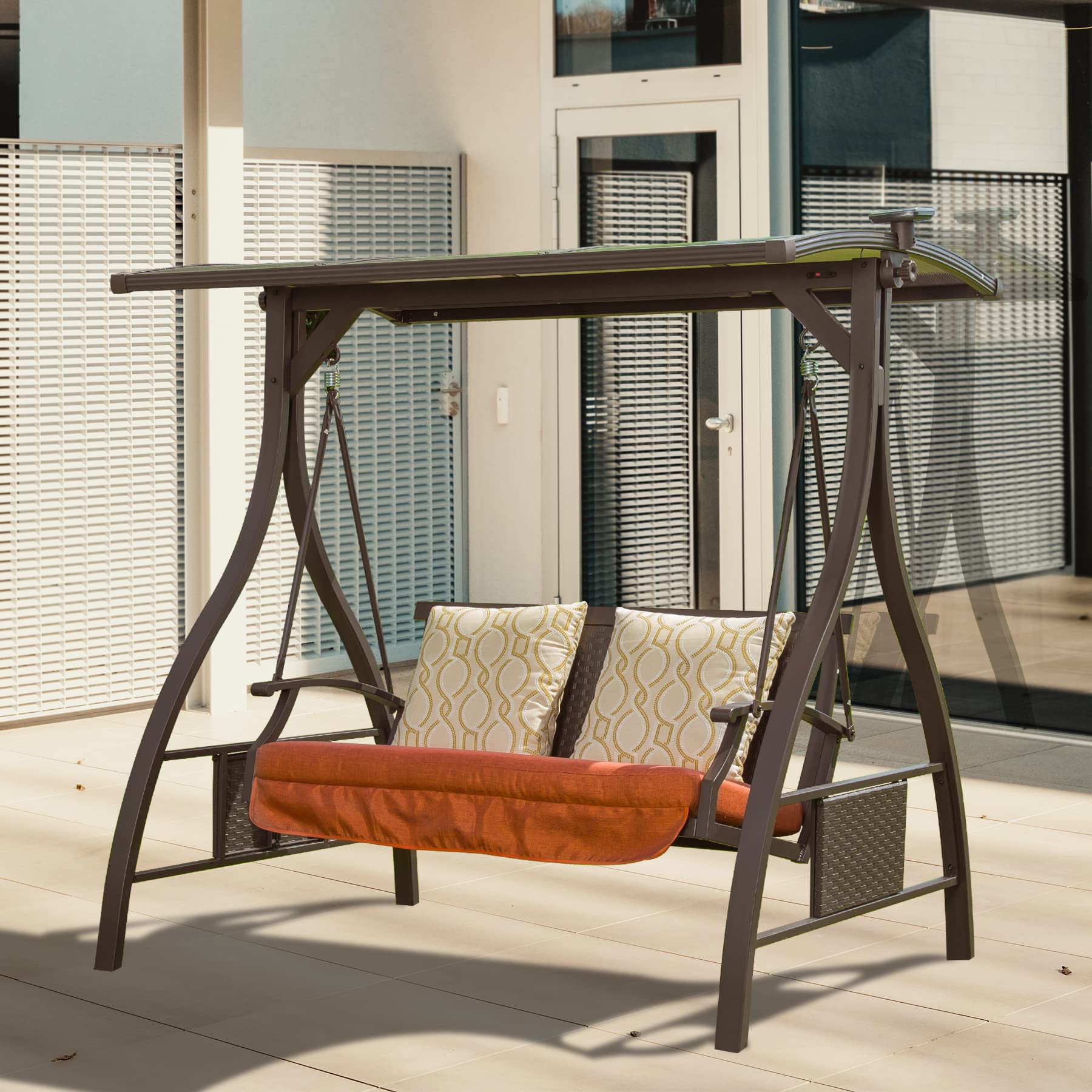 Patio Porch Swing Chair with Adjustable Canopy Solar LED Light Glider and Sunbrella Cushions Deluxe Hammock Swing for Outdoor Garden Balcony Backyard